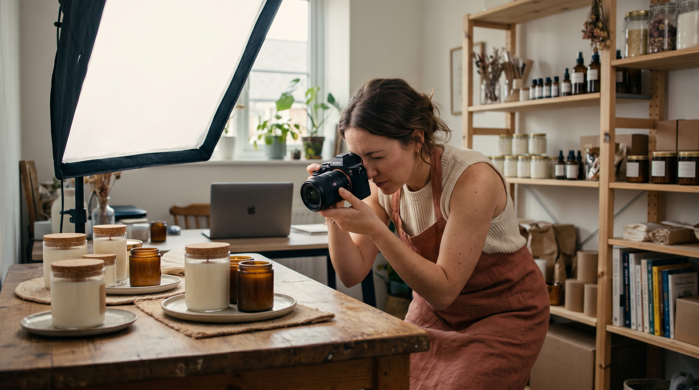 Small business owner photographing handmade candles on a wooden table with a softbox light in a home studio