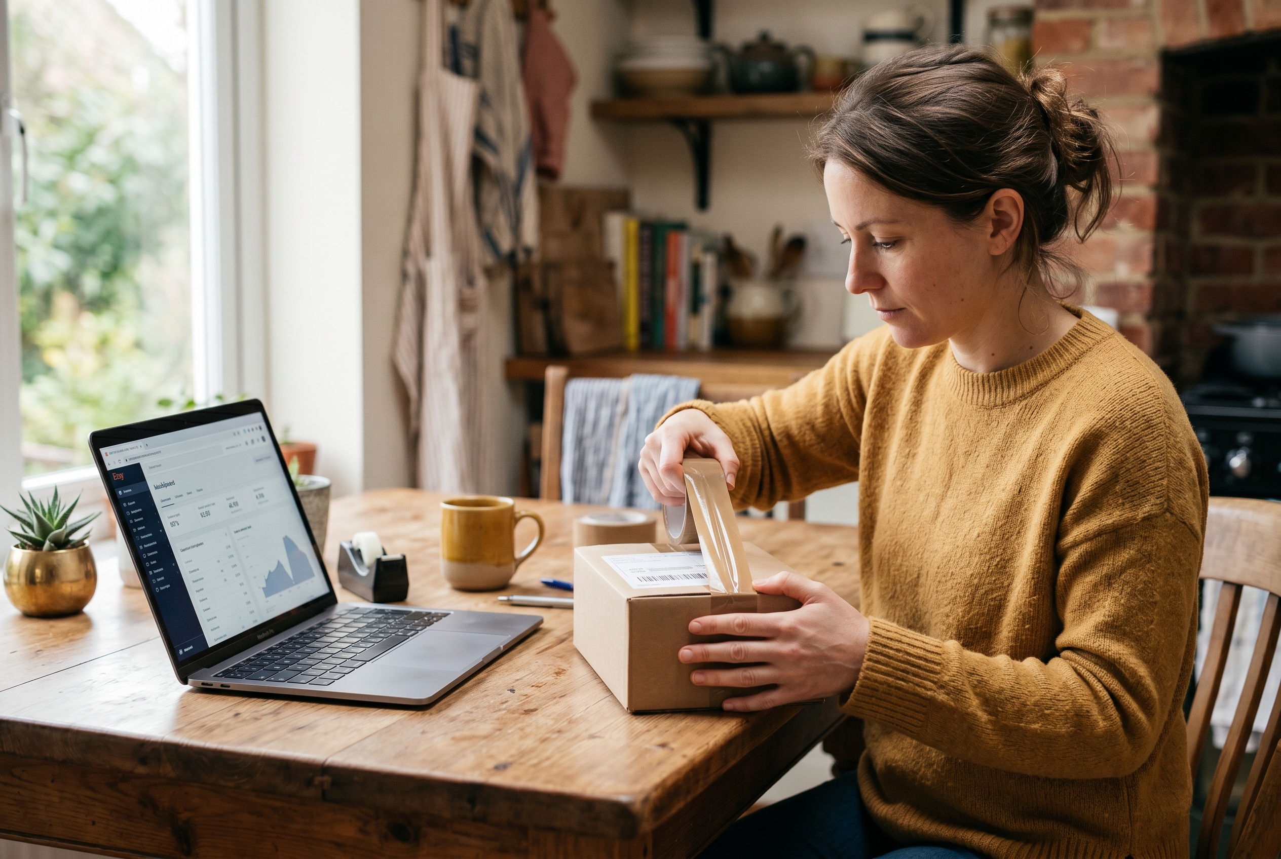 Seller packing a small parcel at a kitchen table with a laptop open to a marketplace listing beside the box