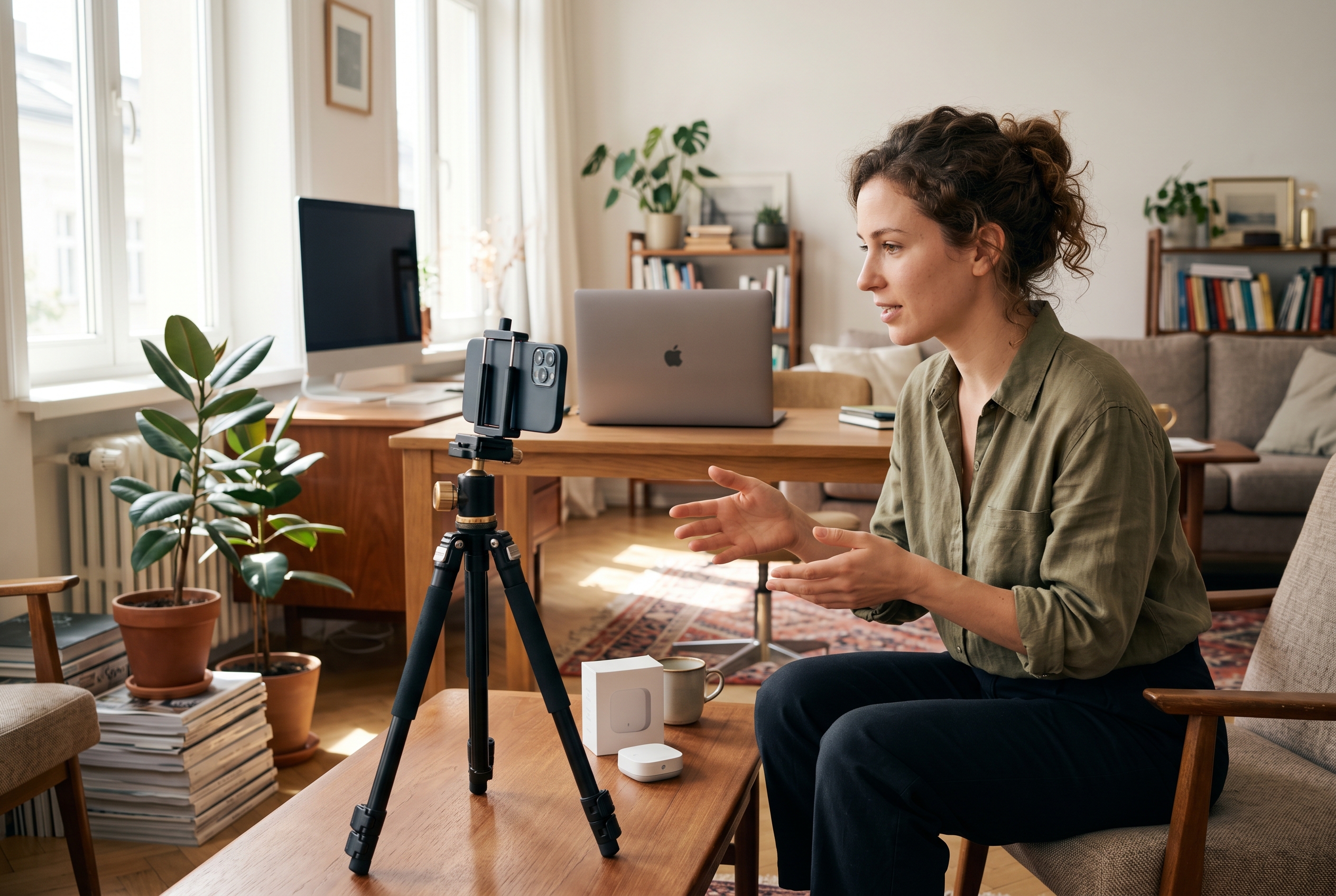 Young entrepreneur filming a product demo on a phone propped on a tripod in a bright apartment living room