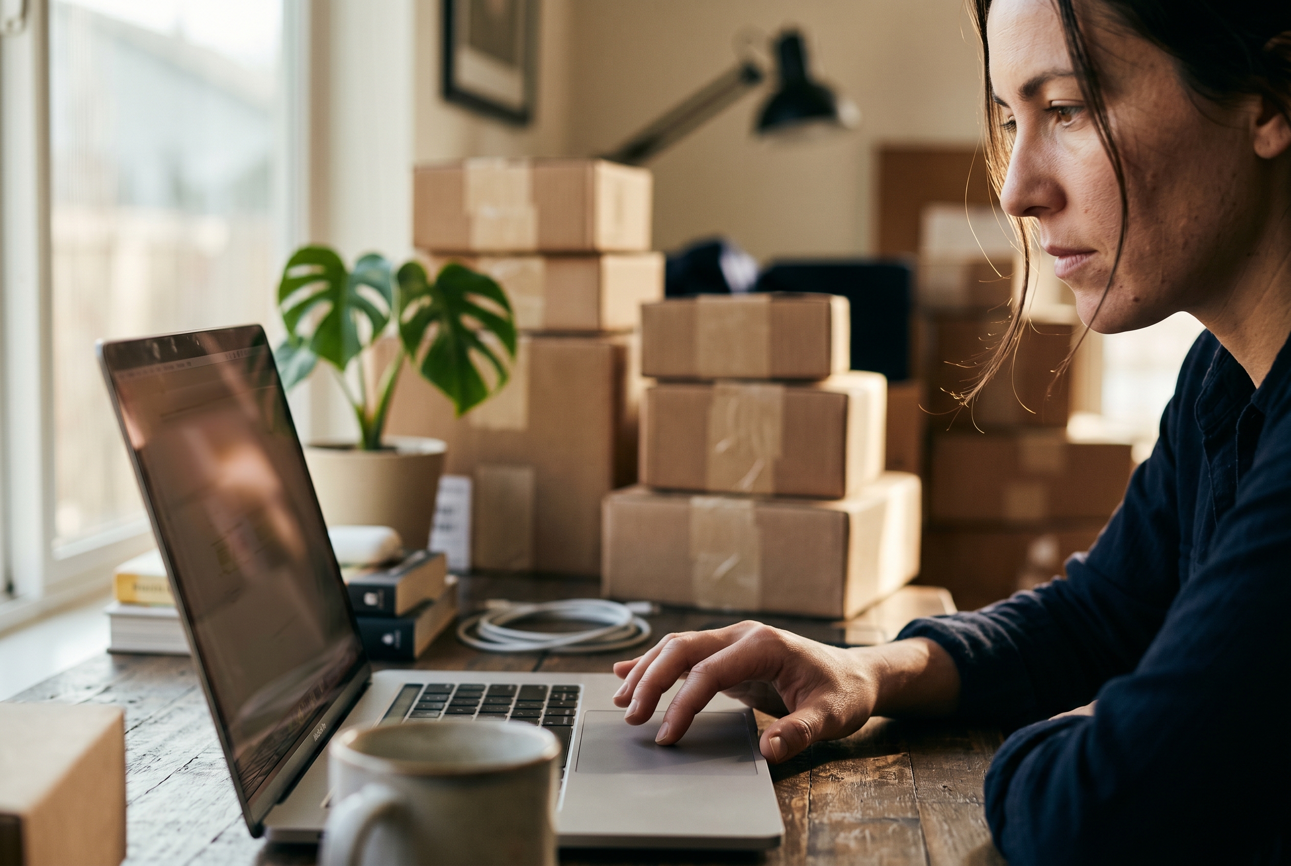 Founder reviewing sales numbers on a laptop in a sunlit home office with packed shipping boxes stacked behind the desk