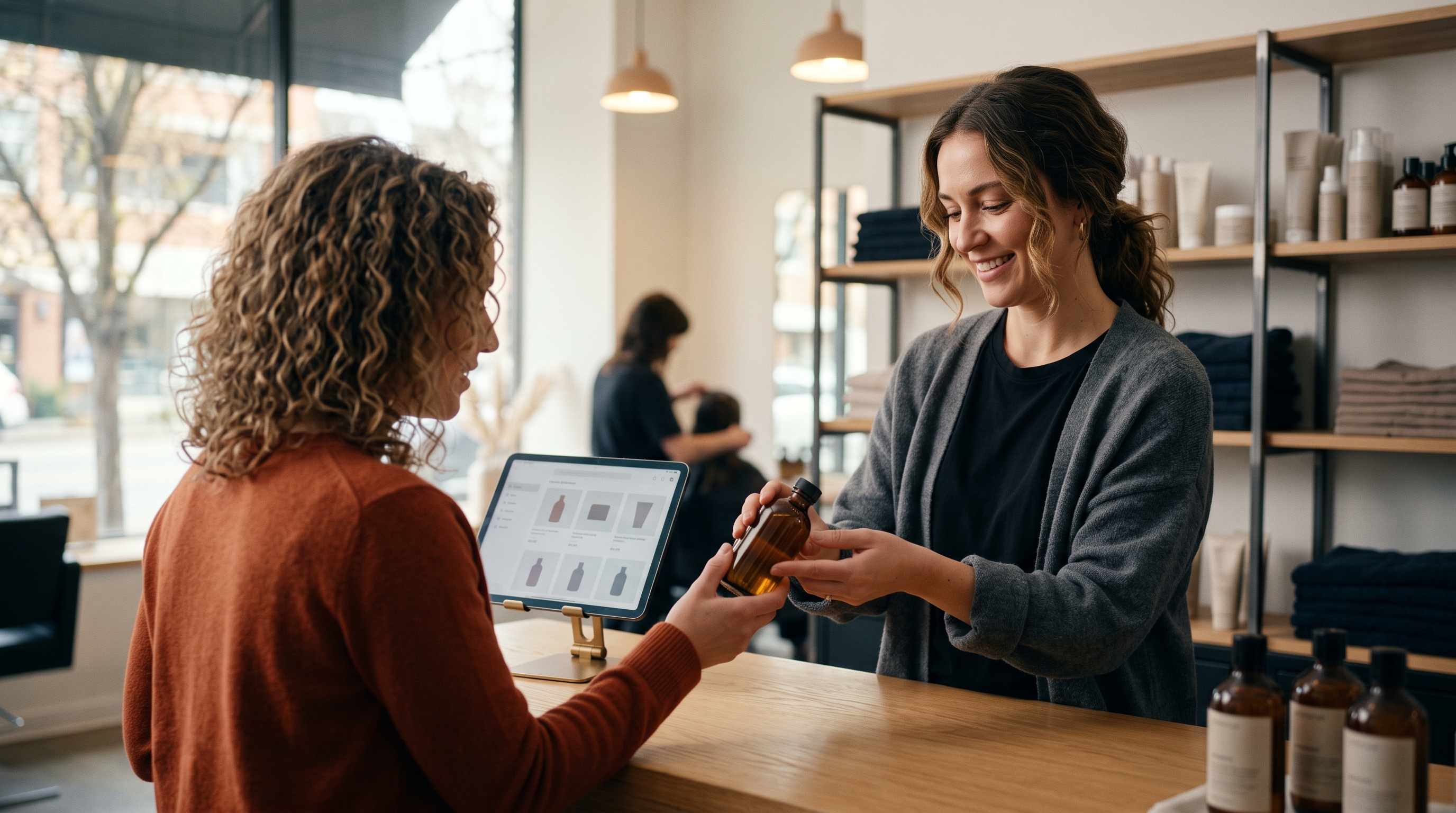 Hair stylist handing a client a bottle of shampoo at the front desk while a tablet shows a product page