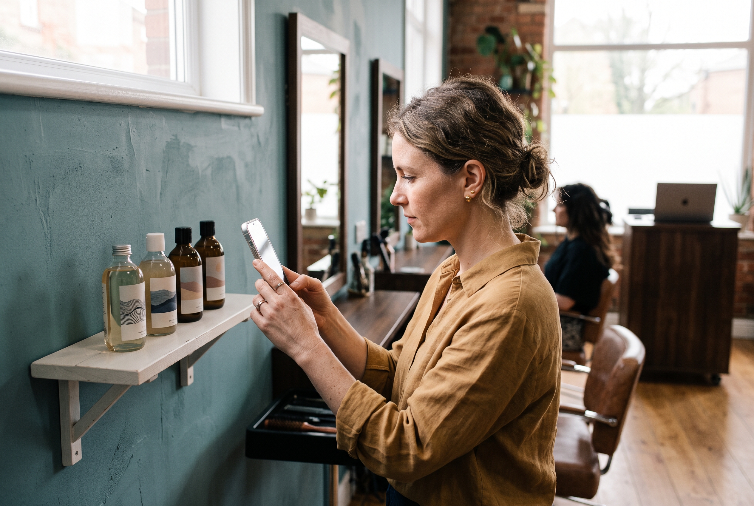 Salon owner photographing shampoo bottles on a white shelf near the styling stations with a smartphone