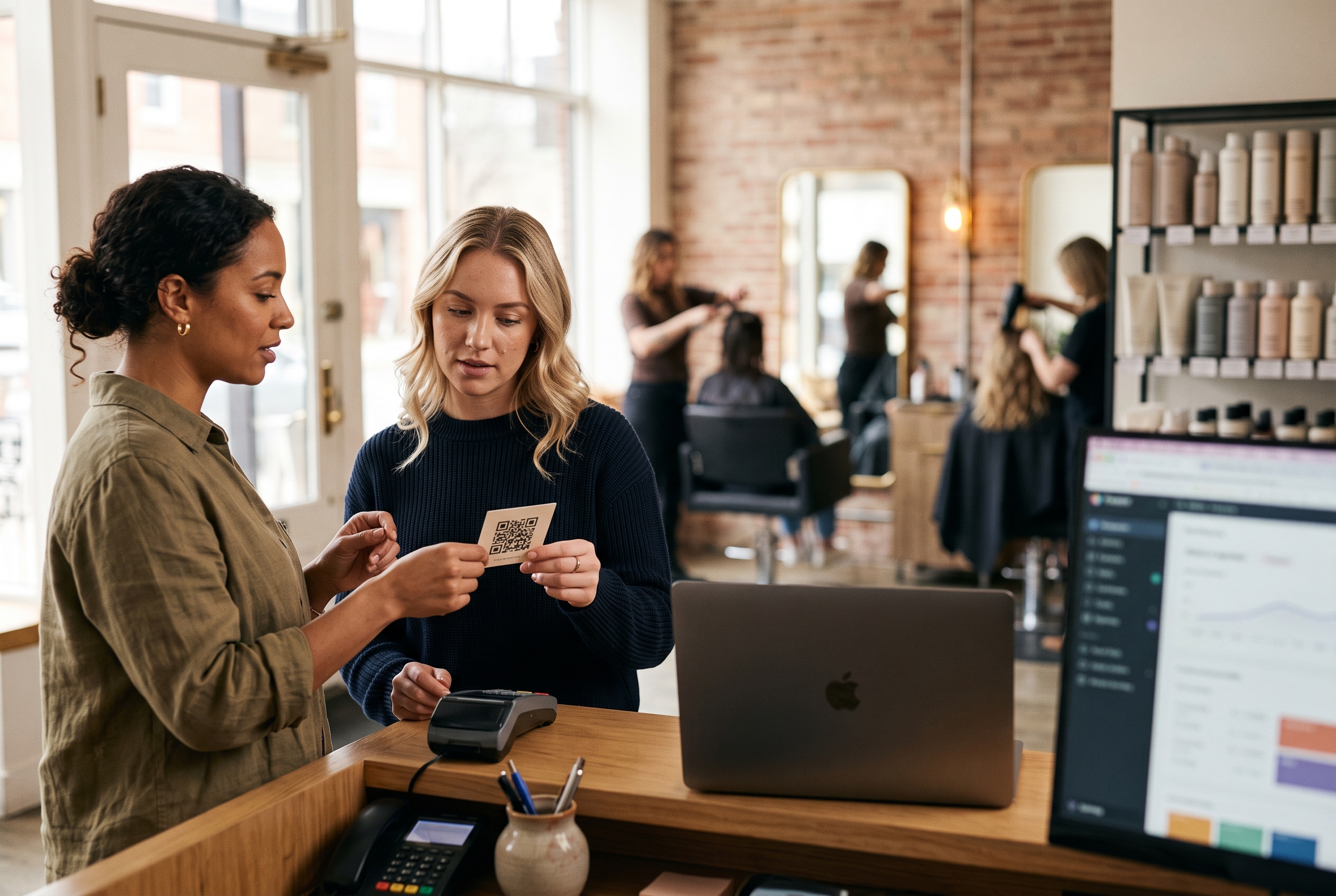 Stylist showing a client a QR code card for the salon's online shop at the checkout desk