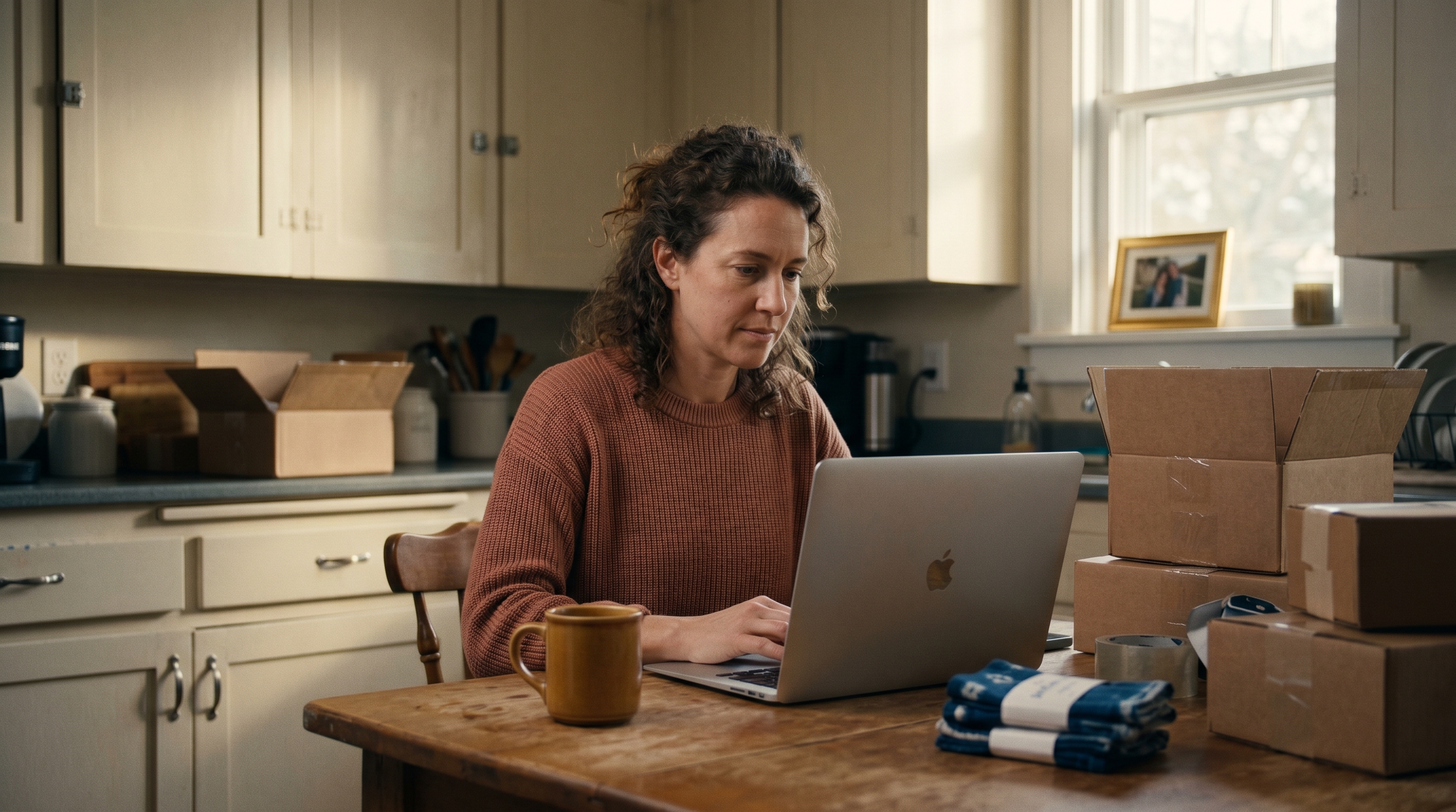 Small business owner at a kitchen table launching an online store on a laptop with packing boxes nearby