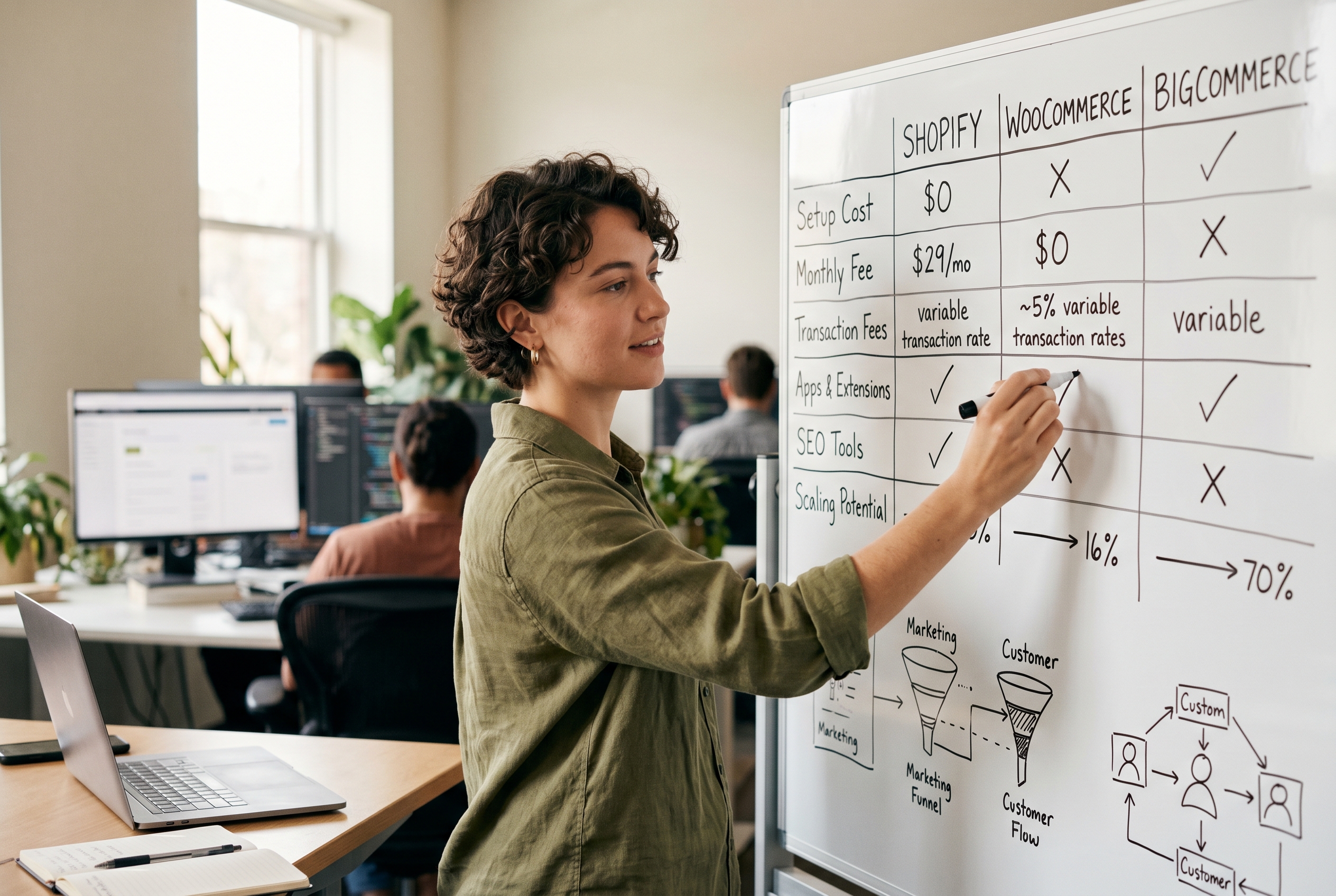 Founder comparing three ecommerce platform options on a whiteboard with cost columns and feature checkmarks