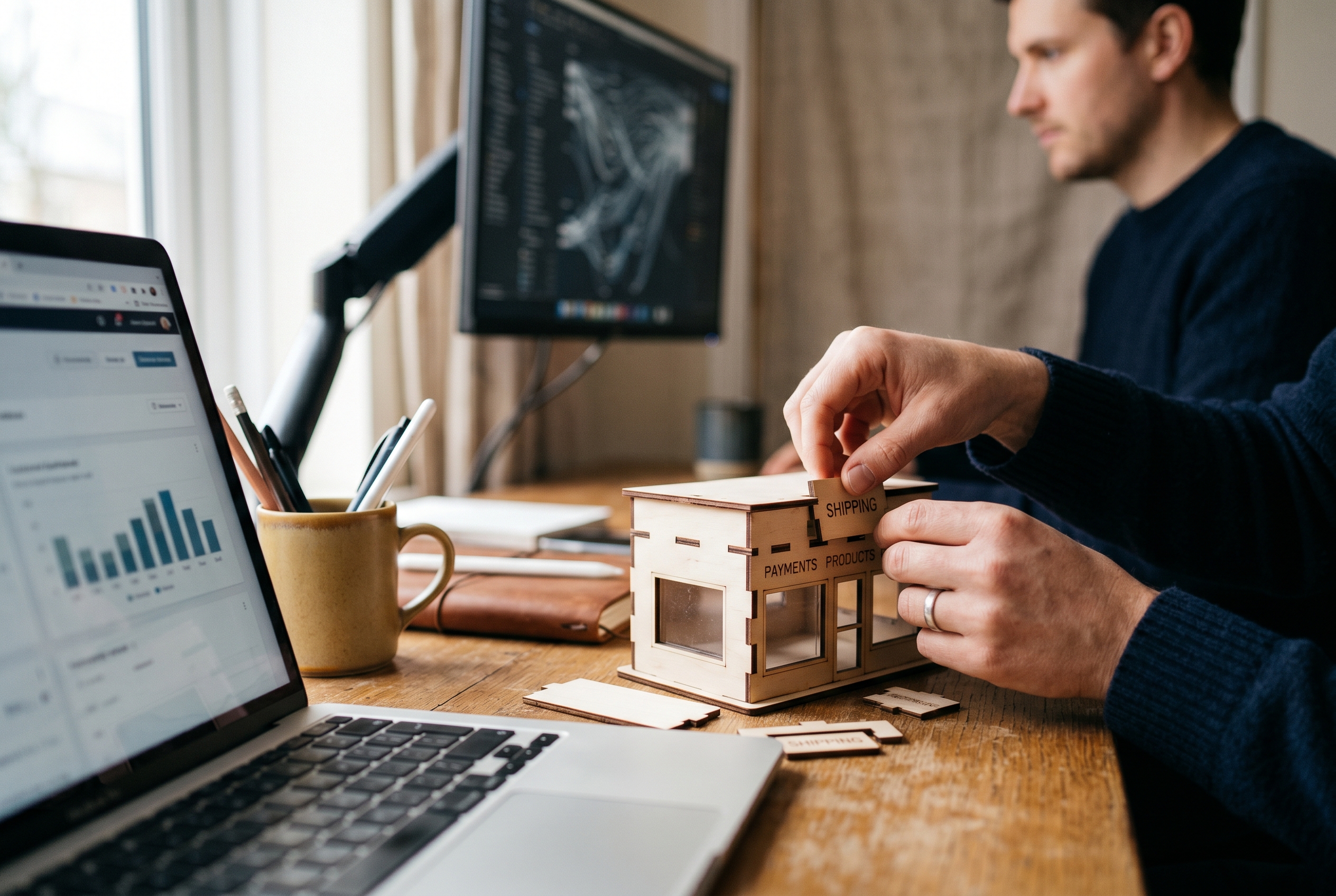 Hands assembling a small store storefront from puzzle pieces labeled products payments and shipping on a desk