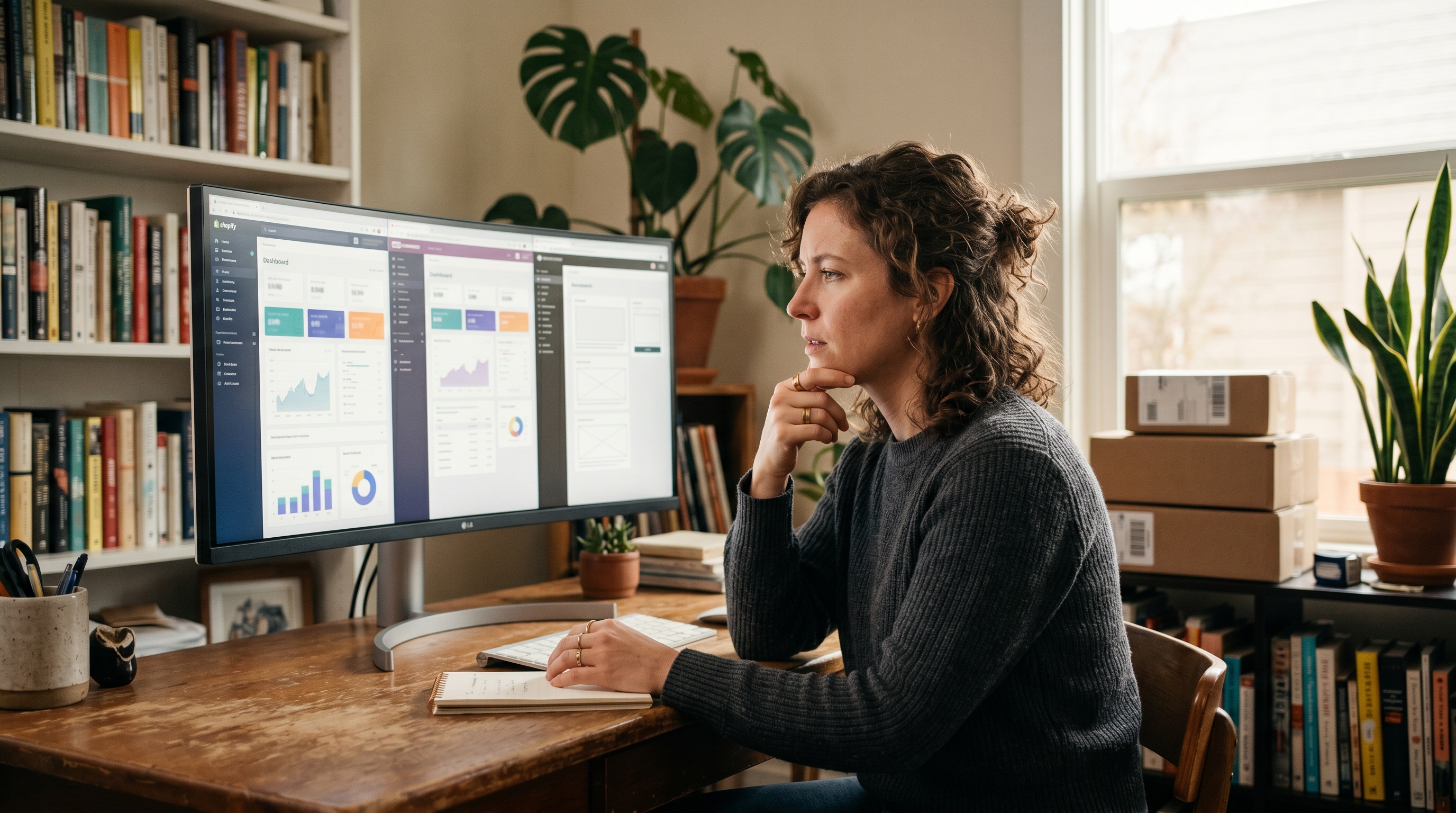 Small business owner at a desk reviewing multiple e-commerce platform dashboards on a wide monitor, deciding which to choose