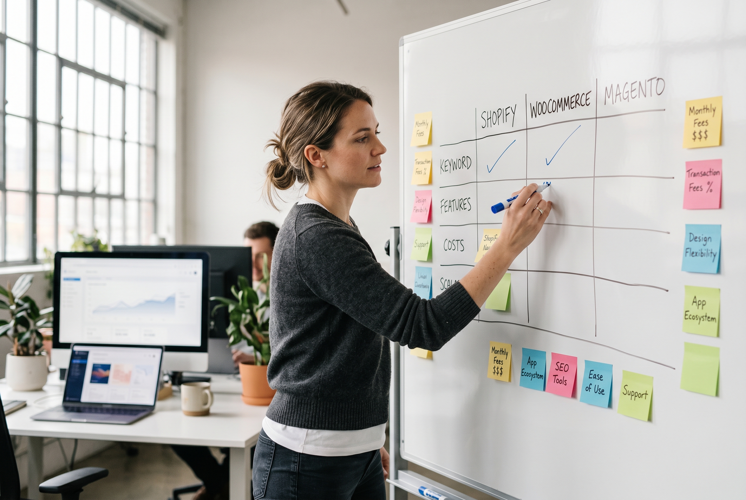 Founder sketching a comparison chart of e-commerce platforms on a whiteboard with sticky notes for cost and features