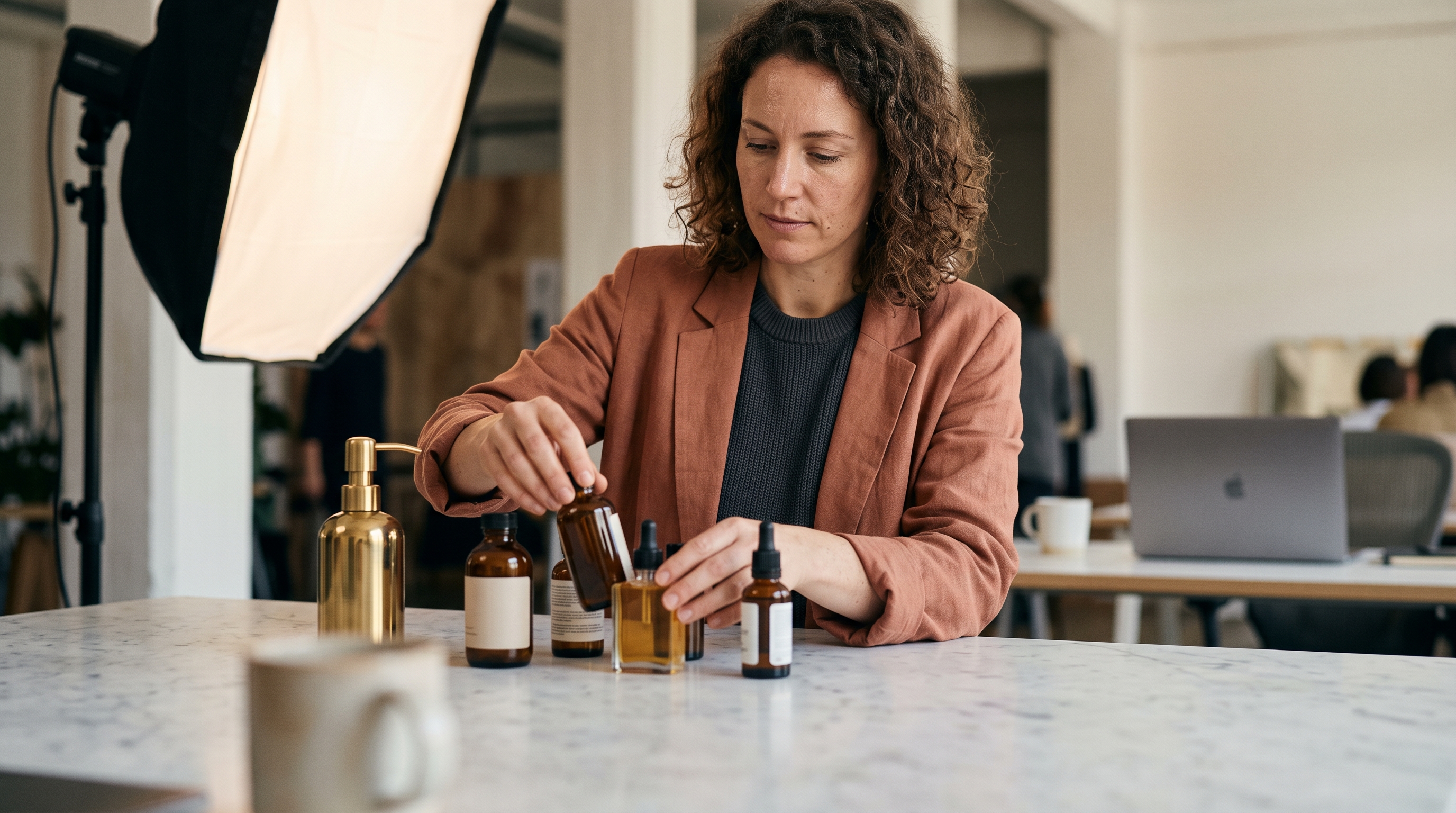 Beauty brand founder arranging skincare bottles on a marble table under a softbox light for product photos