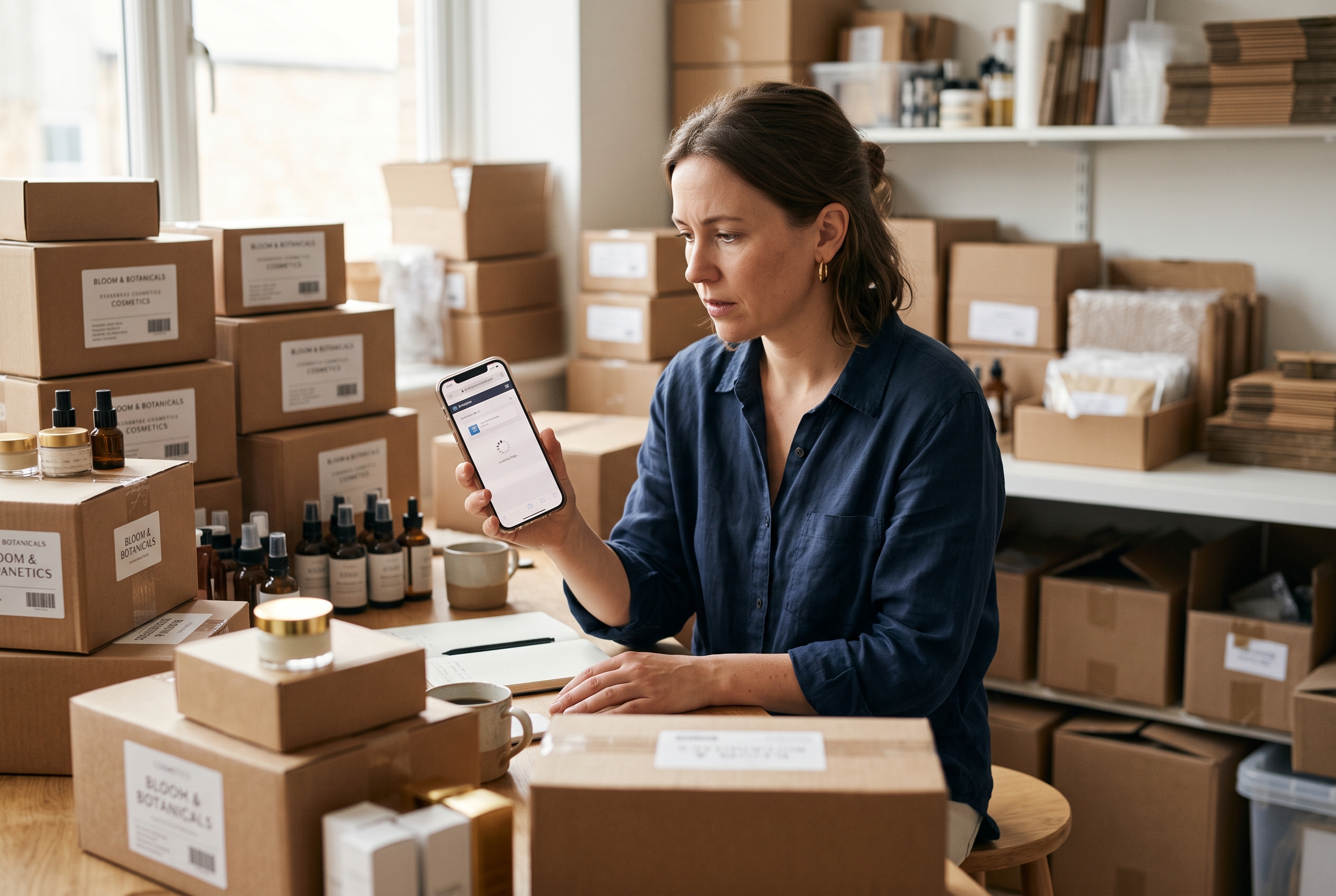 Small cosmetics business owner reviewing a slow-loading product page on her phone while surrounded by shipping boxes