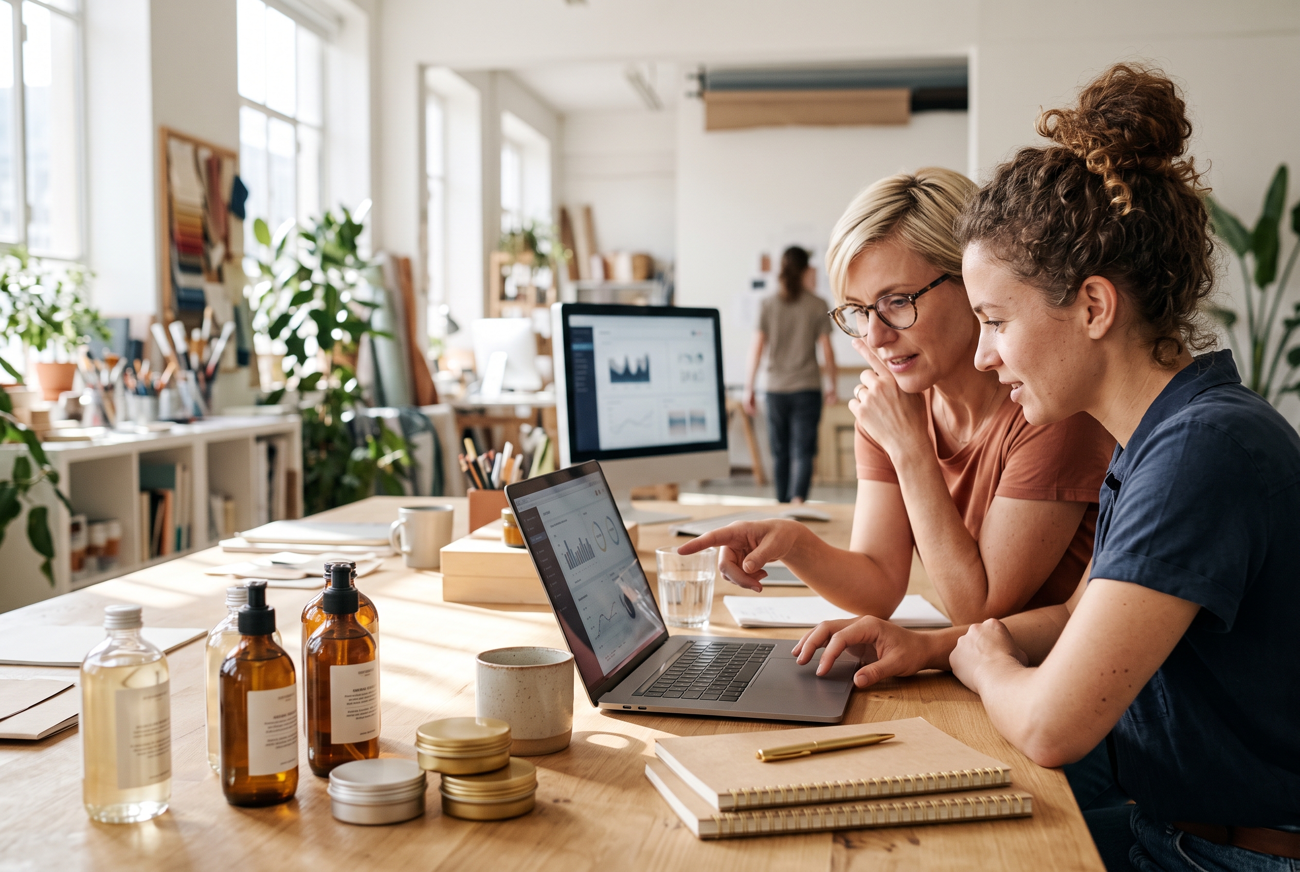 Two beauty entrepreneurs comparing store dashboards side by side on a laptop at a bright studio desk with product samples