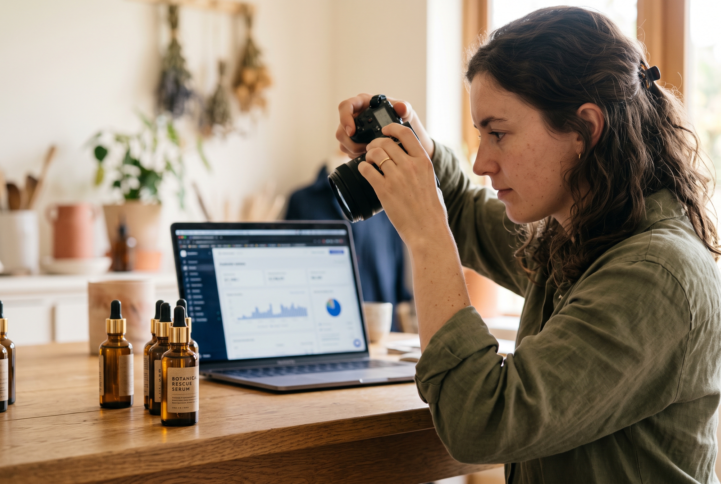 Skincare founder photographing serum bottles at a wooden table with a laptop showing her live store nearby