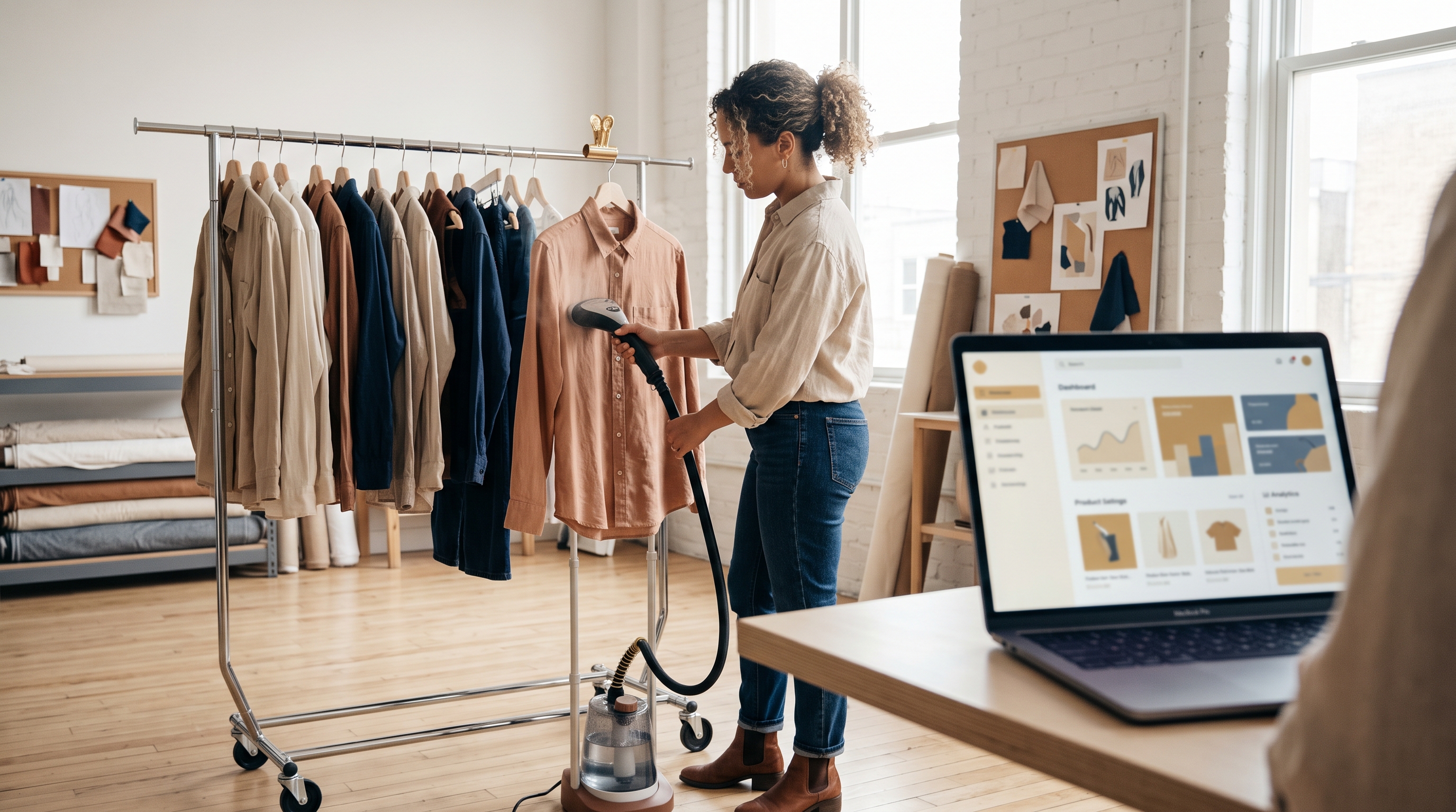 Clothing brand owner steaming a shirt on a rack beside a laptop showing product listings in a bright studio