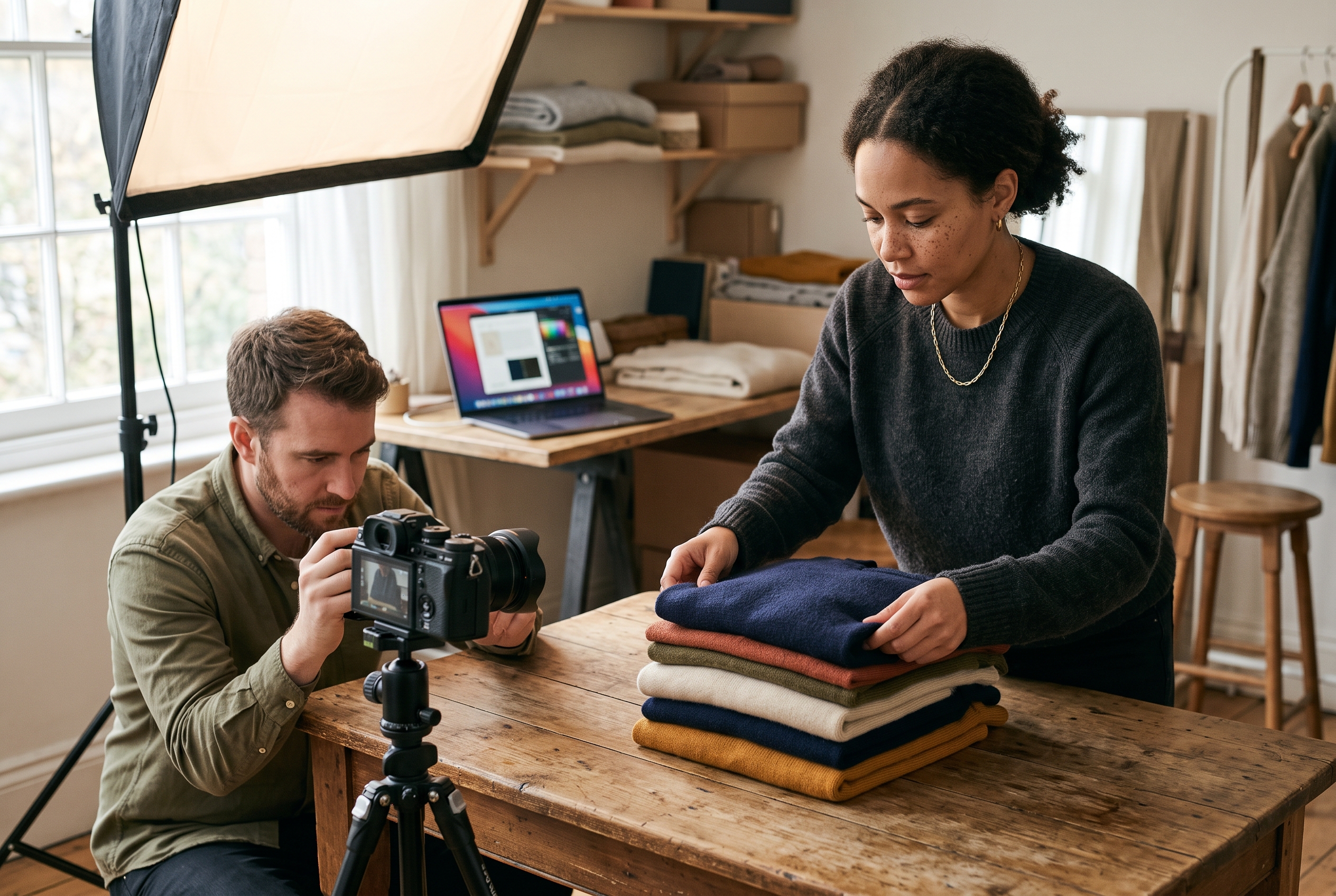 Small fashion team photographing folded sweaters on a wooden table under a softbox light in a home studio