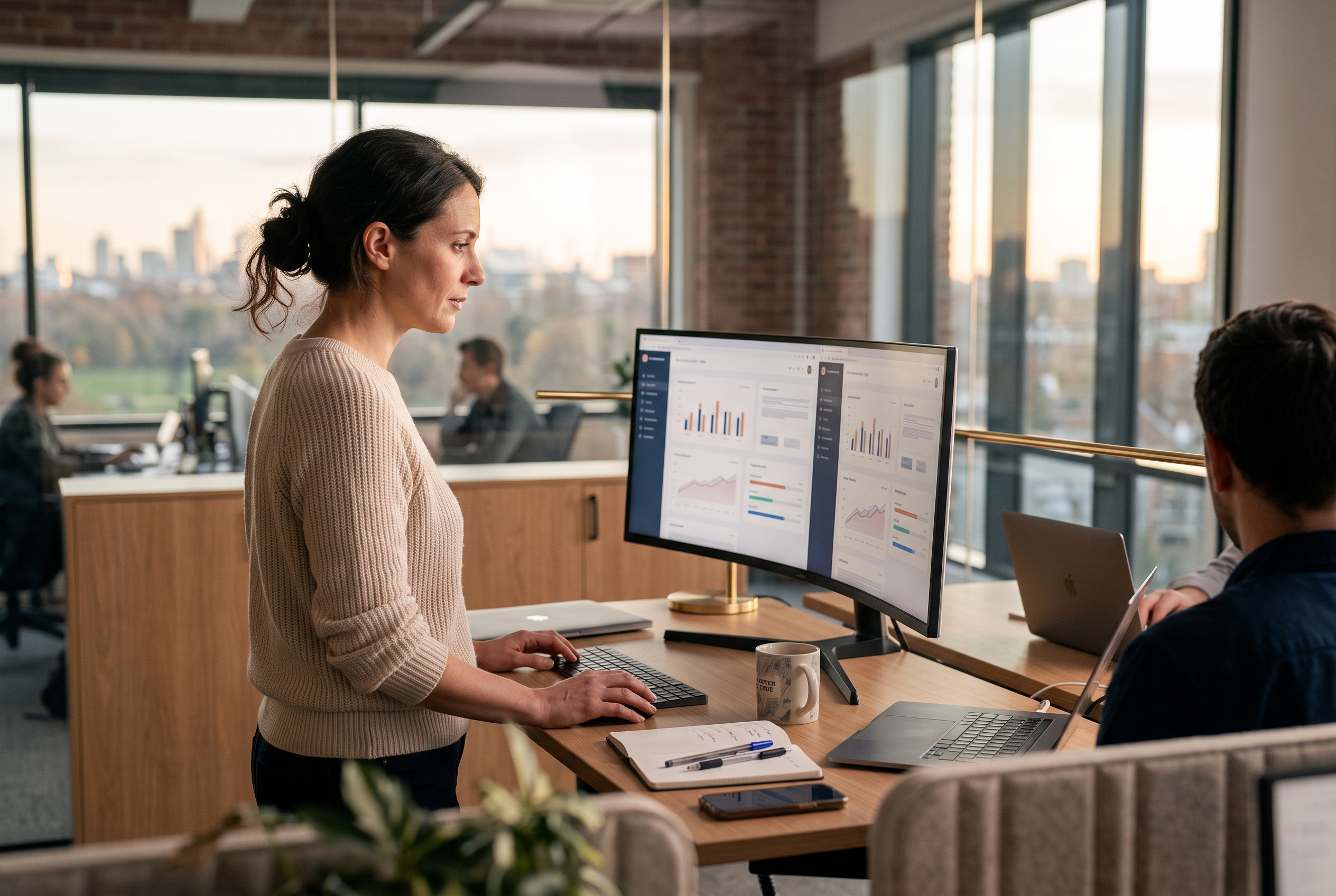 Founder comparing two ecommerce dashboards side by side on a wide monitor in a modern office at golden hour