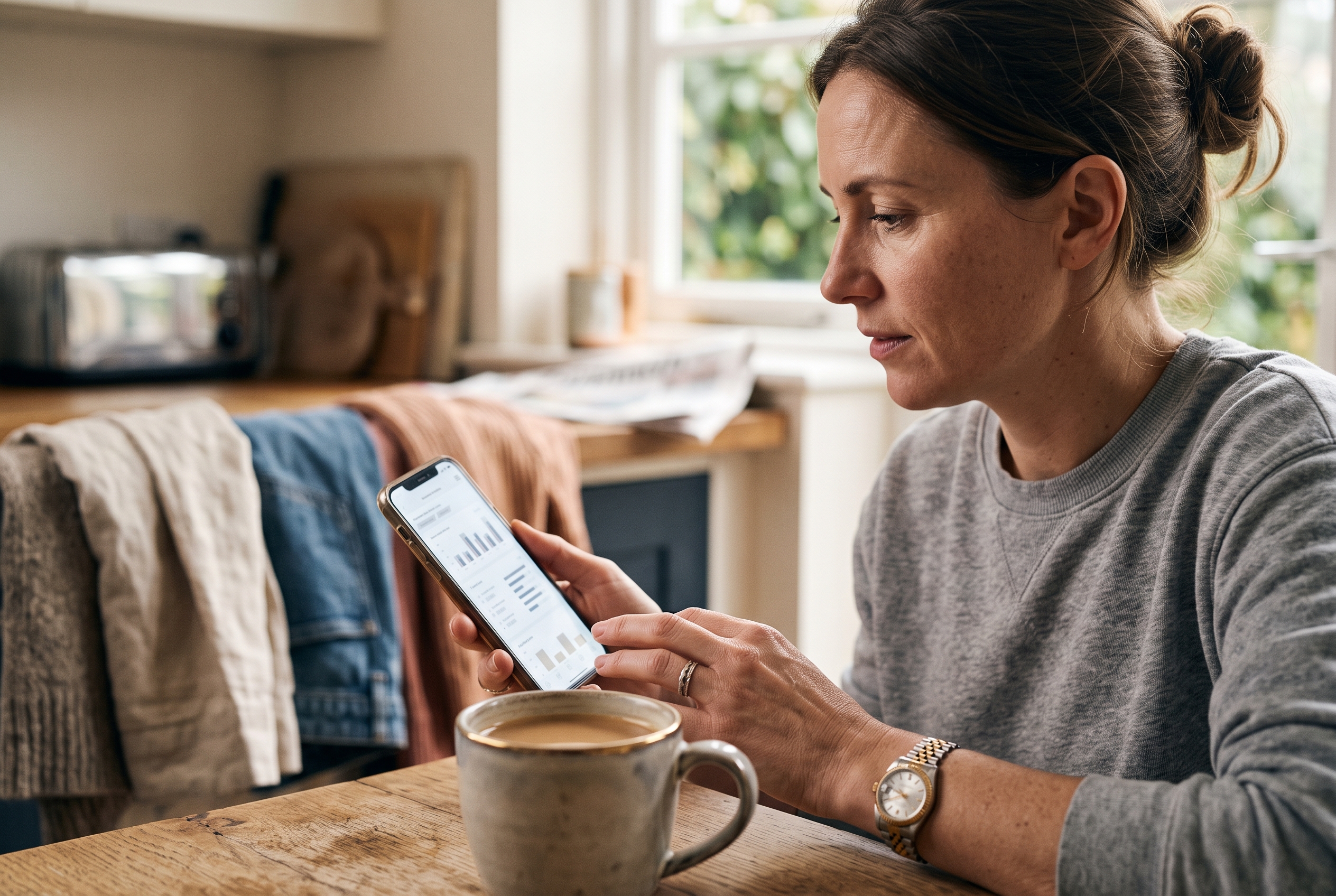 Business owner reviewing store analytics on a phone over morning coffee at a kitchen table with clothing samples nearby