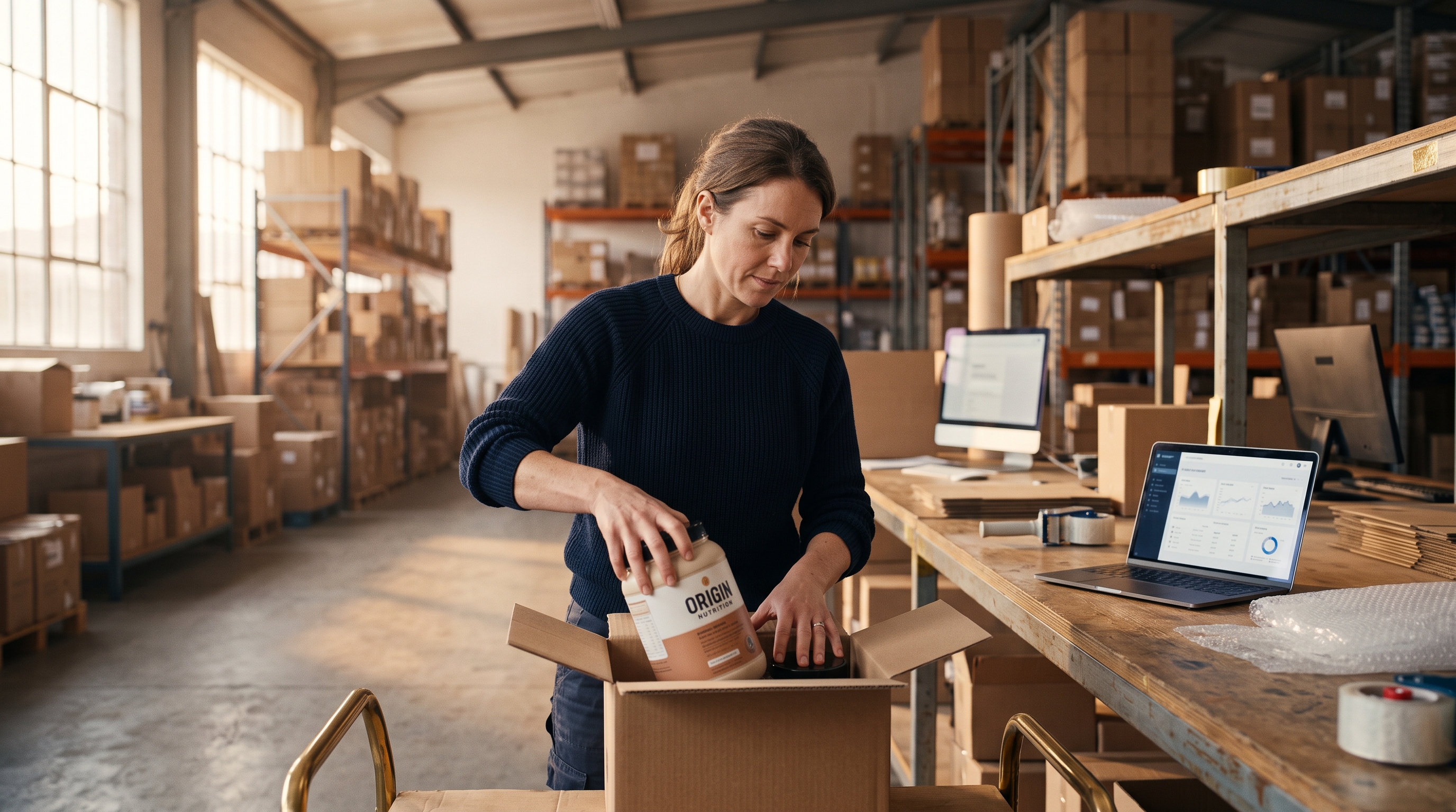 Supplement brand owner packing protein tubs into shipping boxes on a warehouse workbench in morning light