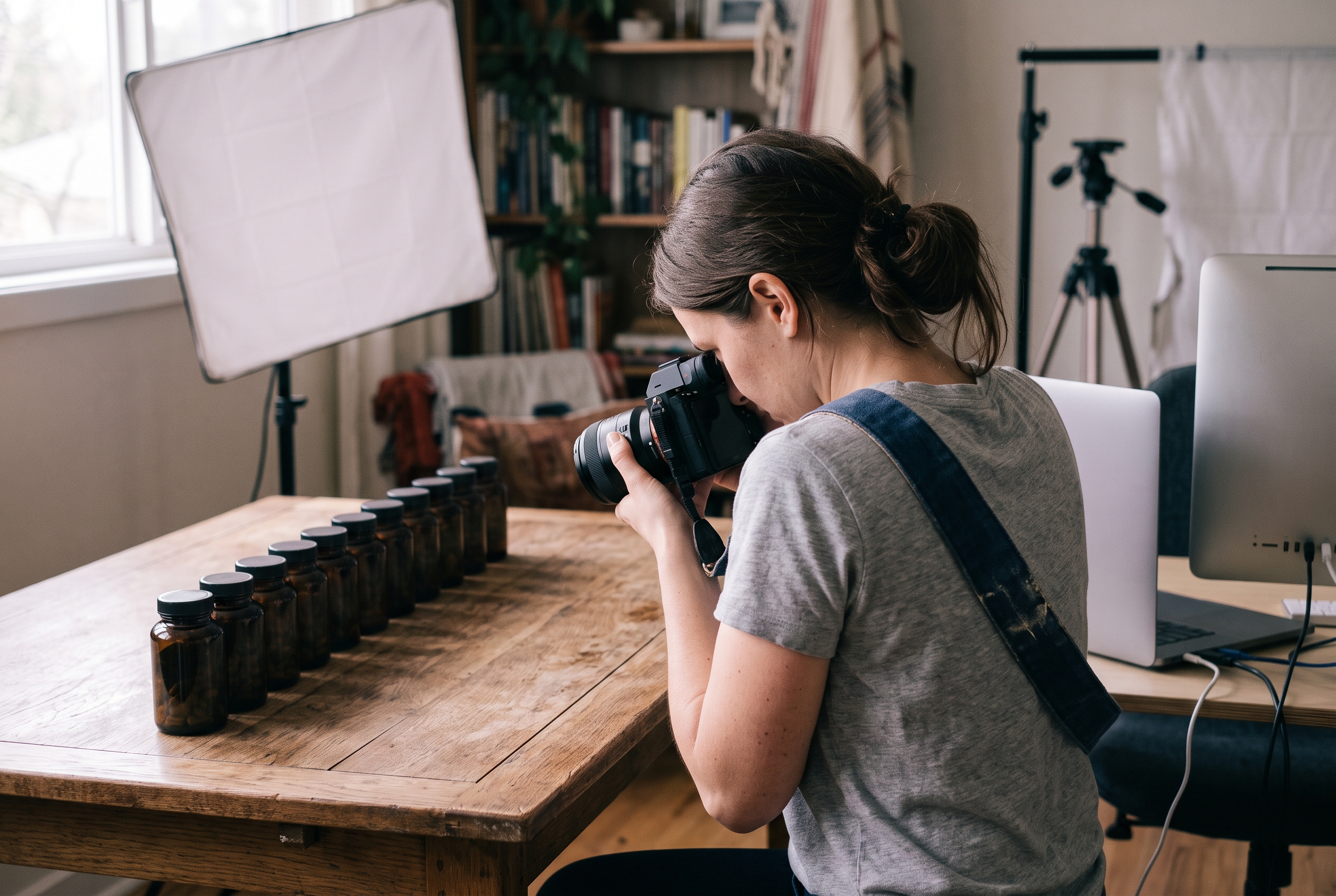 Founder photographing a row of supplement bottles on a wooden table under a softbox light in a home studio