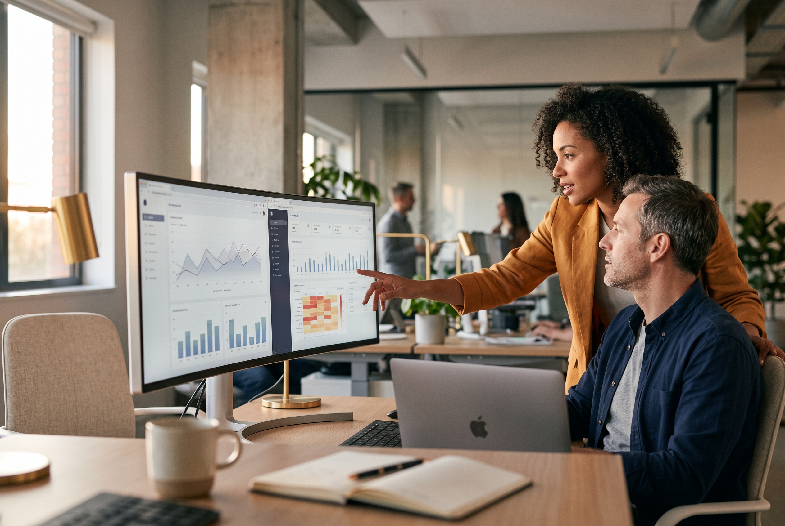 Two people comparing store dashboards side by side on a wide monitor in a modern office at golden hour