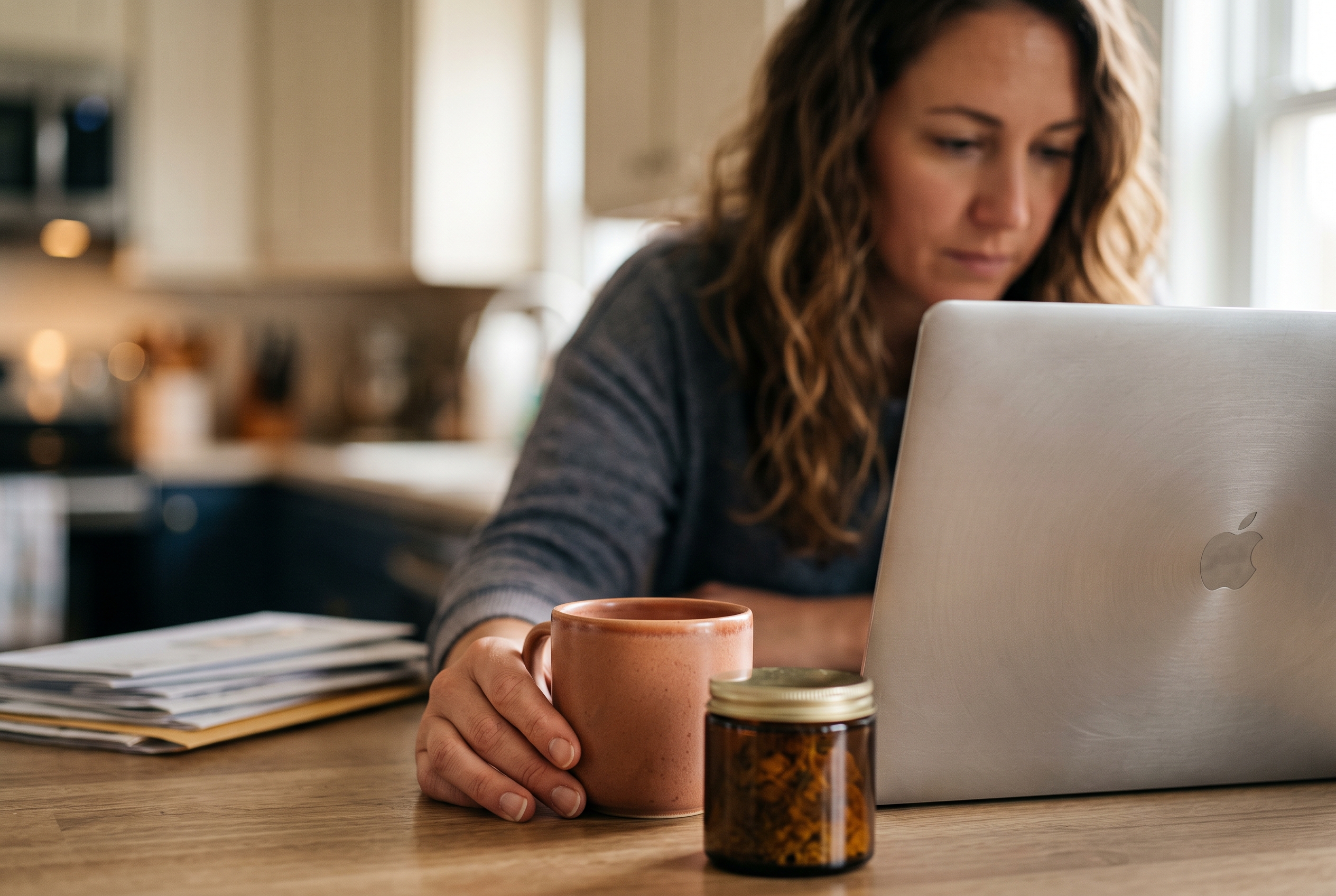 Small business owner reviewing subscription orders on a laptop at a kitchen counter with a coffee and product samples nearby