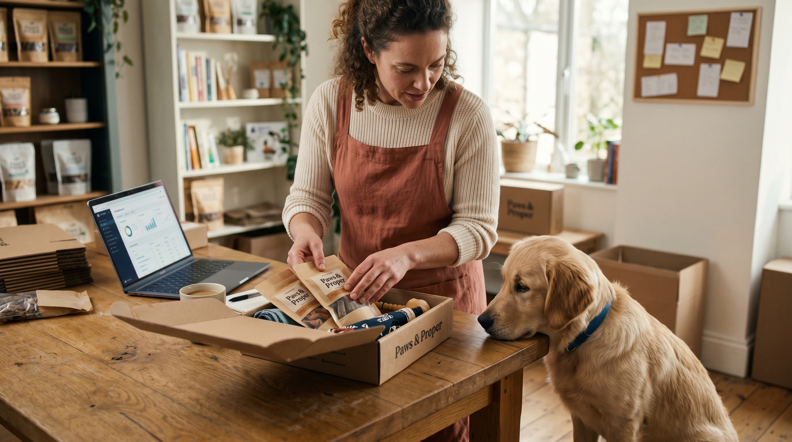Pet brand owner packing a subscription box of dog treats on a wooden table beside a curious golden retriever