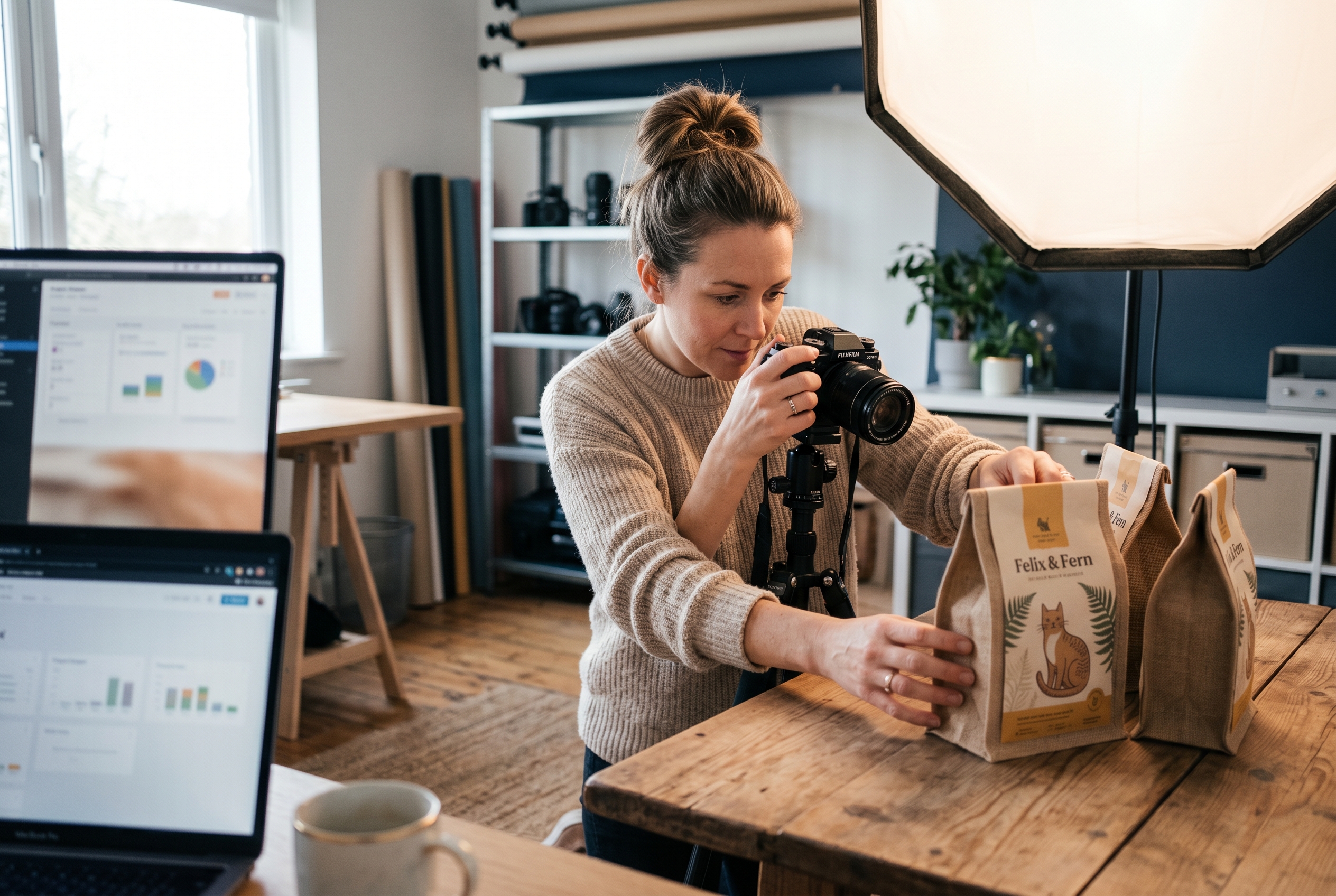Small business owner photographing bags of natural cat food under a softbox light in a tidy home studio
