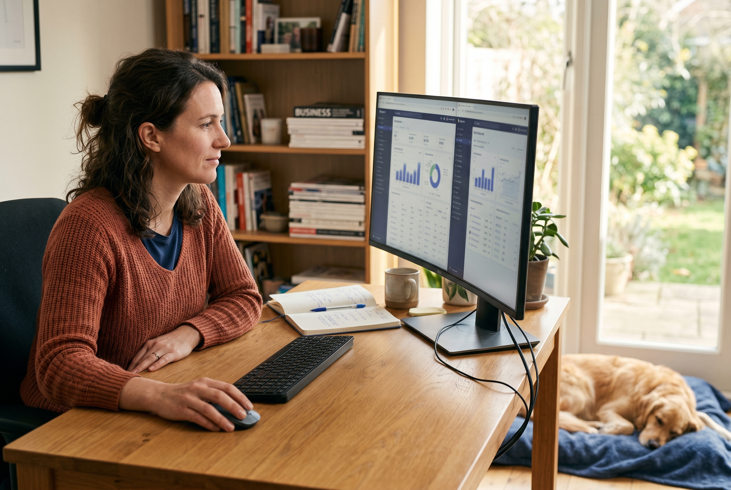 Founder comparing two store dashboards side by side on a wide monitor in a sunlit home office with a sleeping dog nearby