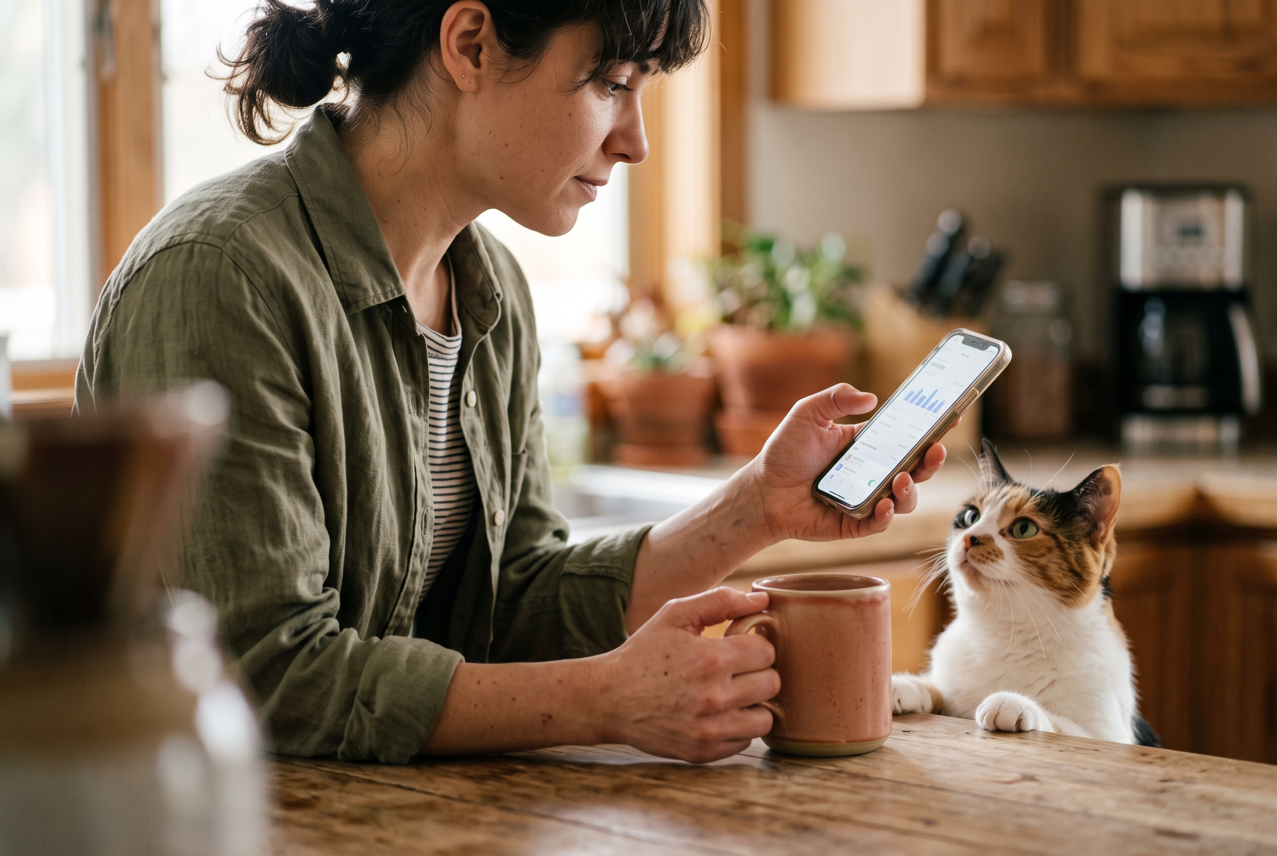Pet store owner checking order notifications on her phone over morning coffee at a kitchen counter with a cat watching