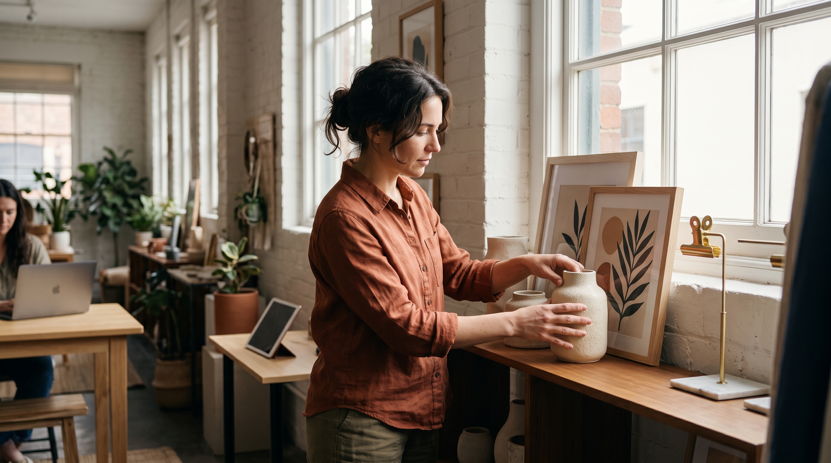 Home decor shop owner arranging ceramic vases and framed prints on a wooden shelf near a sunlit window