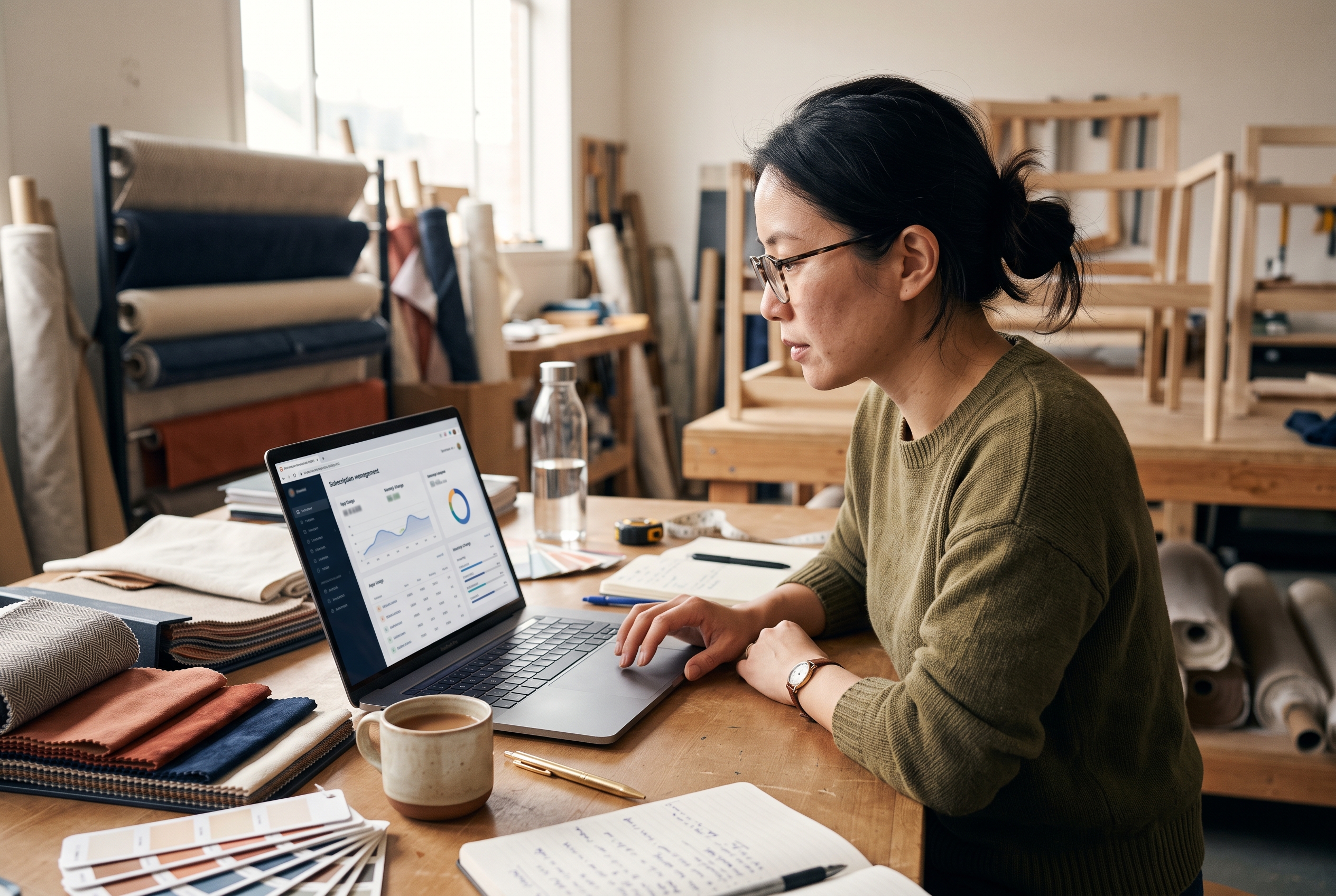 Furniture store owner reviewing app subscription charges on a laptop at a cluttered desk with fabric samples nearby