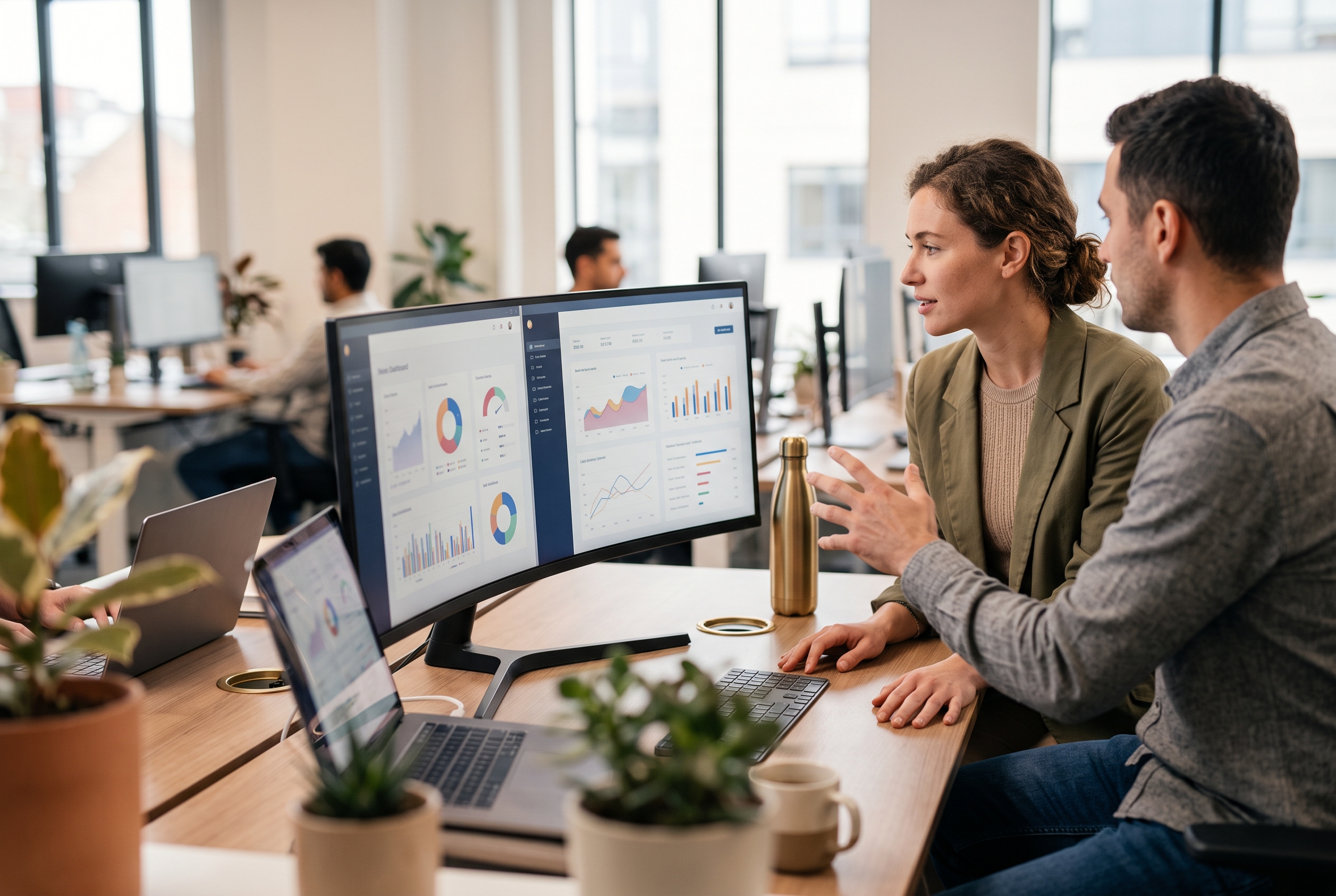 Two colleagues comparing two store dashboards side by side on a wide monitor in a bright modern office