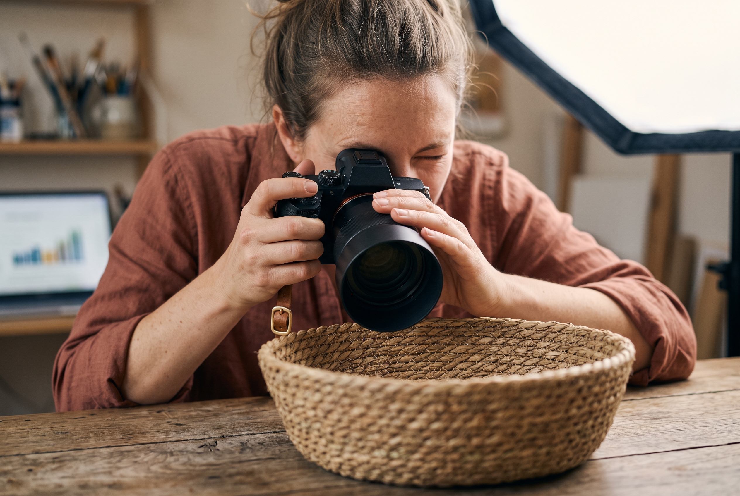 Small business owner photographing a handmade woven basket on a wooden table under a softbox light in a home studio