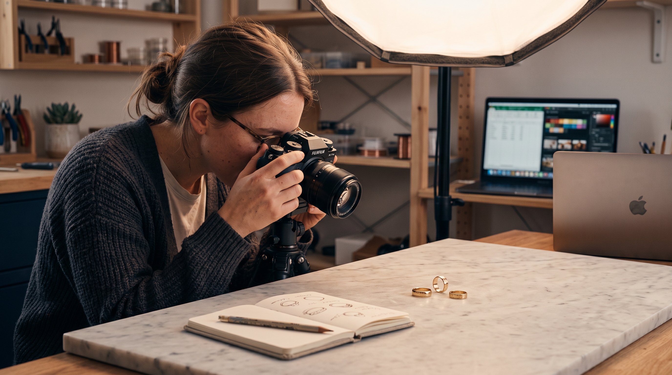 Jewelry maker photographing gold rings on a marble surface under a softbox light in a home studio