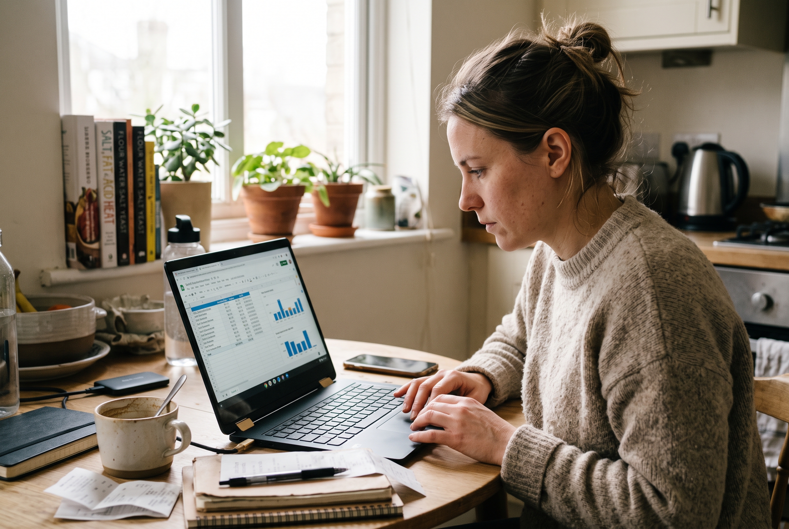Small business owner reviewing a spreadsheet of monthly app costs on a laptop at a cluttered kitchen table