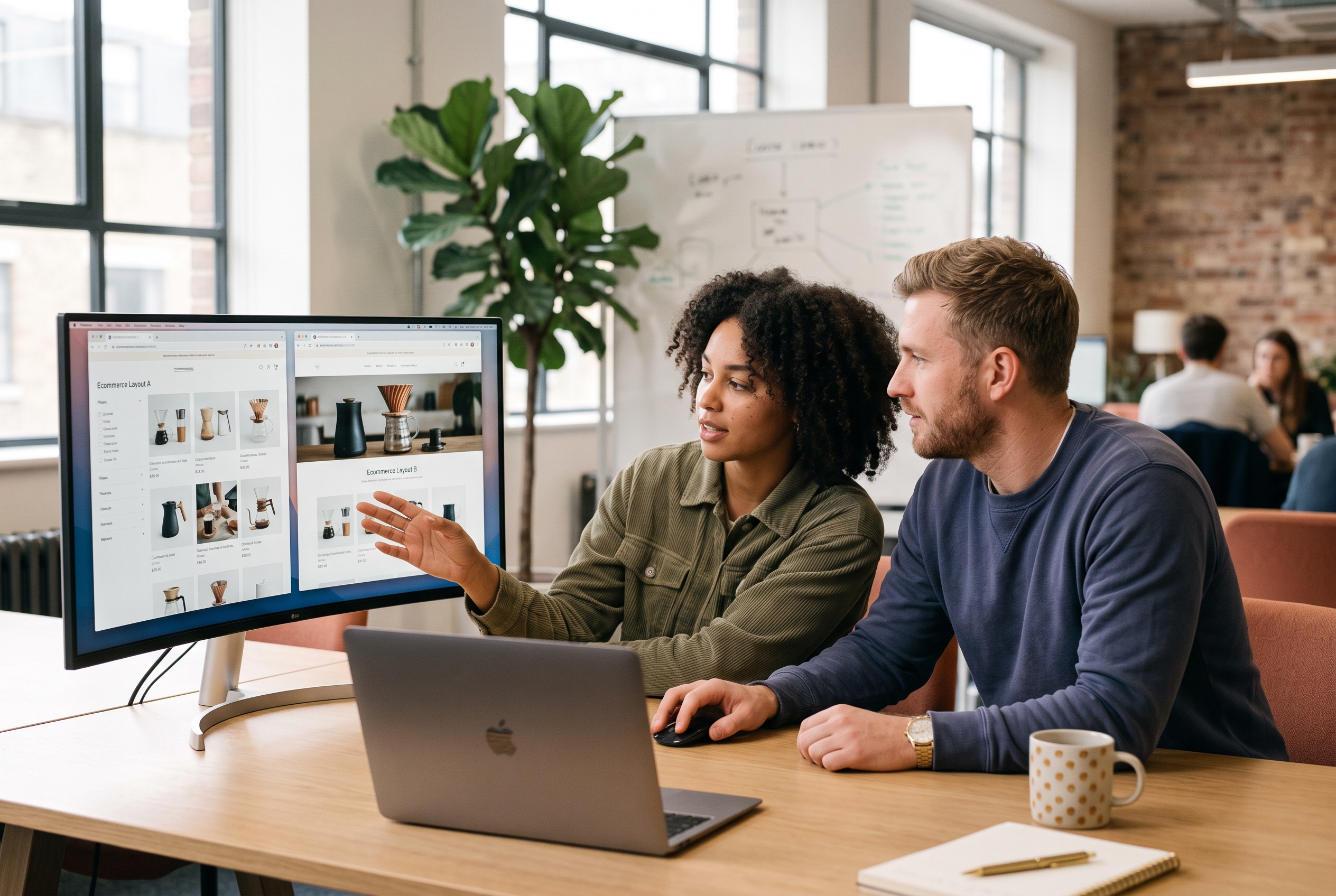 Two founders comparing two ecommerce store layouts on a wide monitor in a bright modern office
