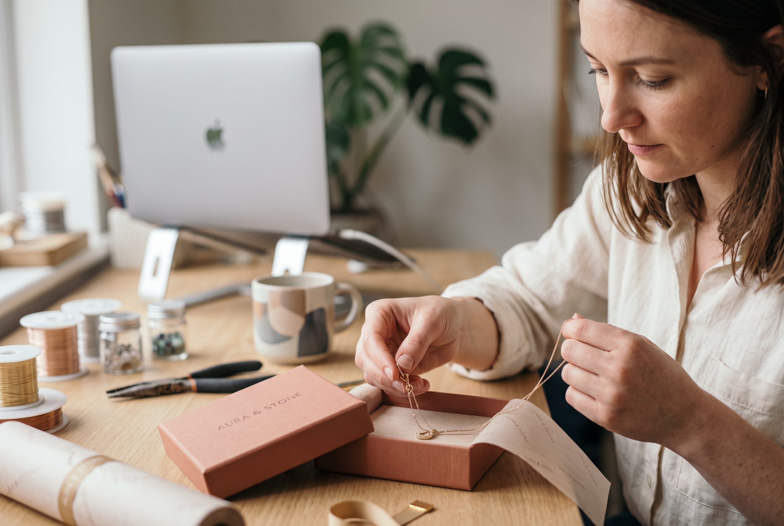 Jewelry brand owner packing a delicate necklace into a branded gift box at a tidy workbench