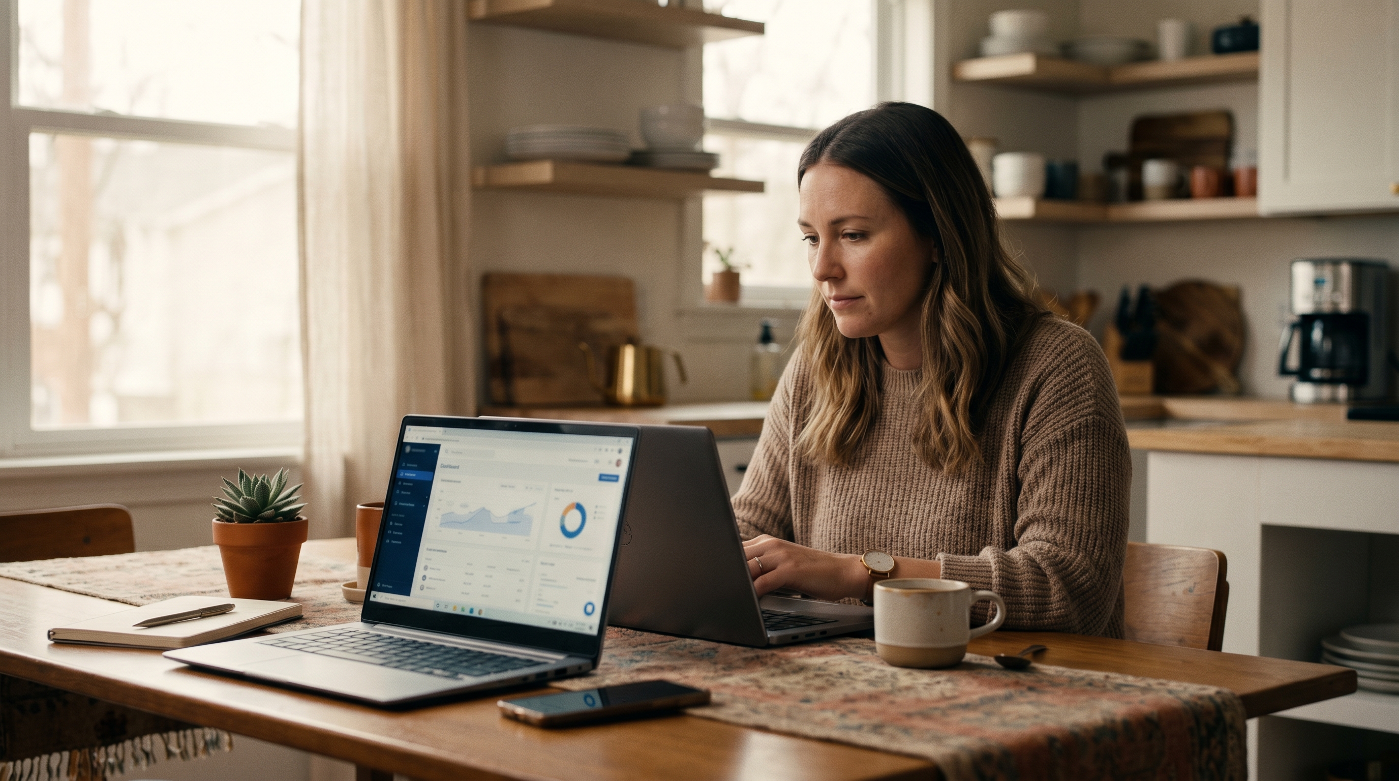 Small business owner sitting at a kitchen table comparing two laptops with online store dashboards over morning coffee