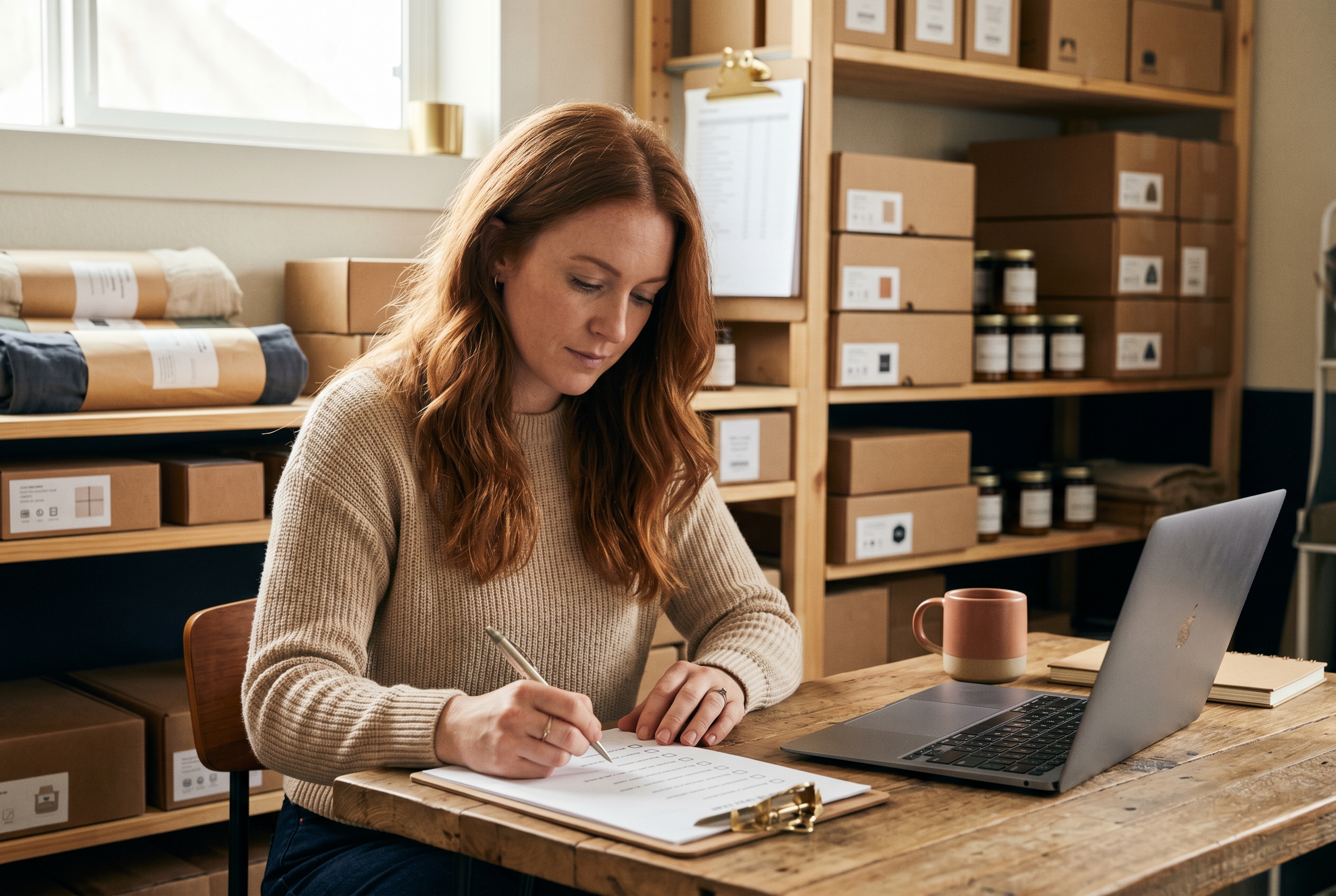 Founder reviewing a printed checklist on a clipboard beside a laptop in a small home office with shelves of inventory behind