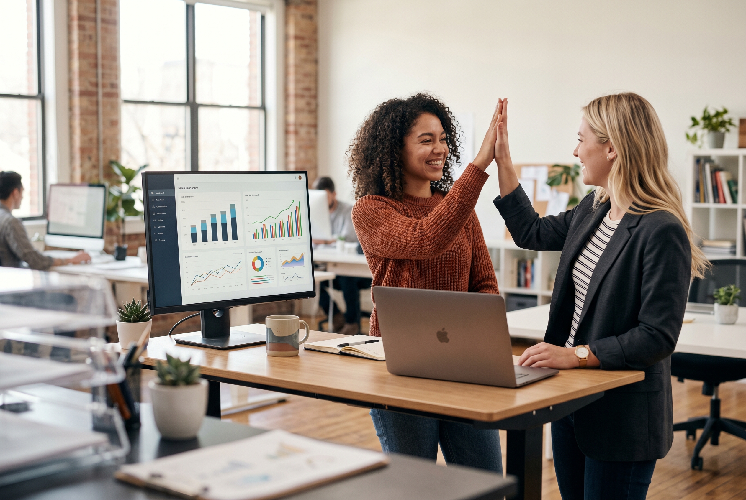 Two small business partners high-fiving at a standing desk while a sales dashboard shows growth on the monitor in a bright studio