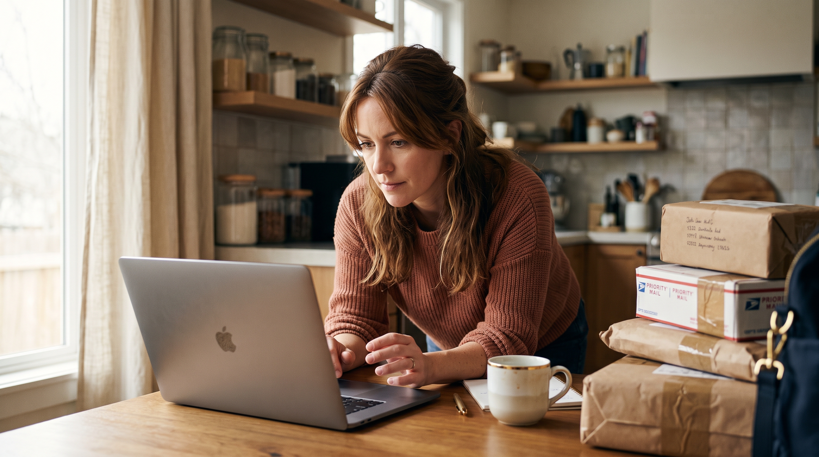 Store owner comparing sales dashboards on a laptop at a kitchen table with packed parcels beside her