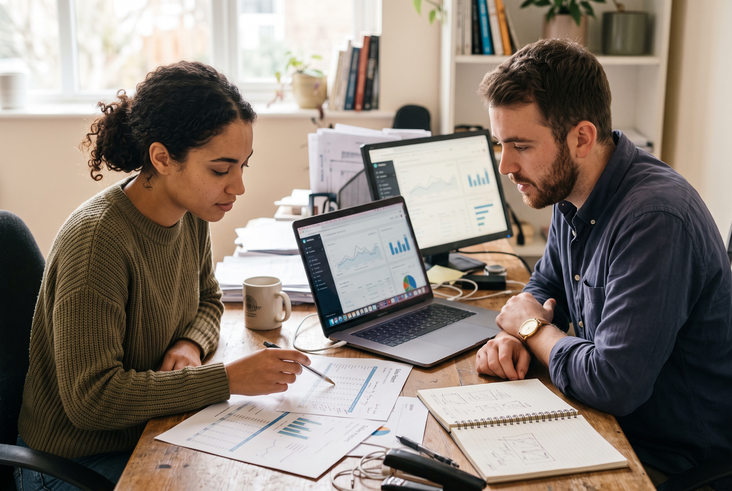 Two ecommerce operators reviewing printed sales reports and a laptop in a small shared office