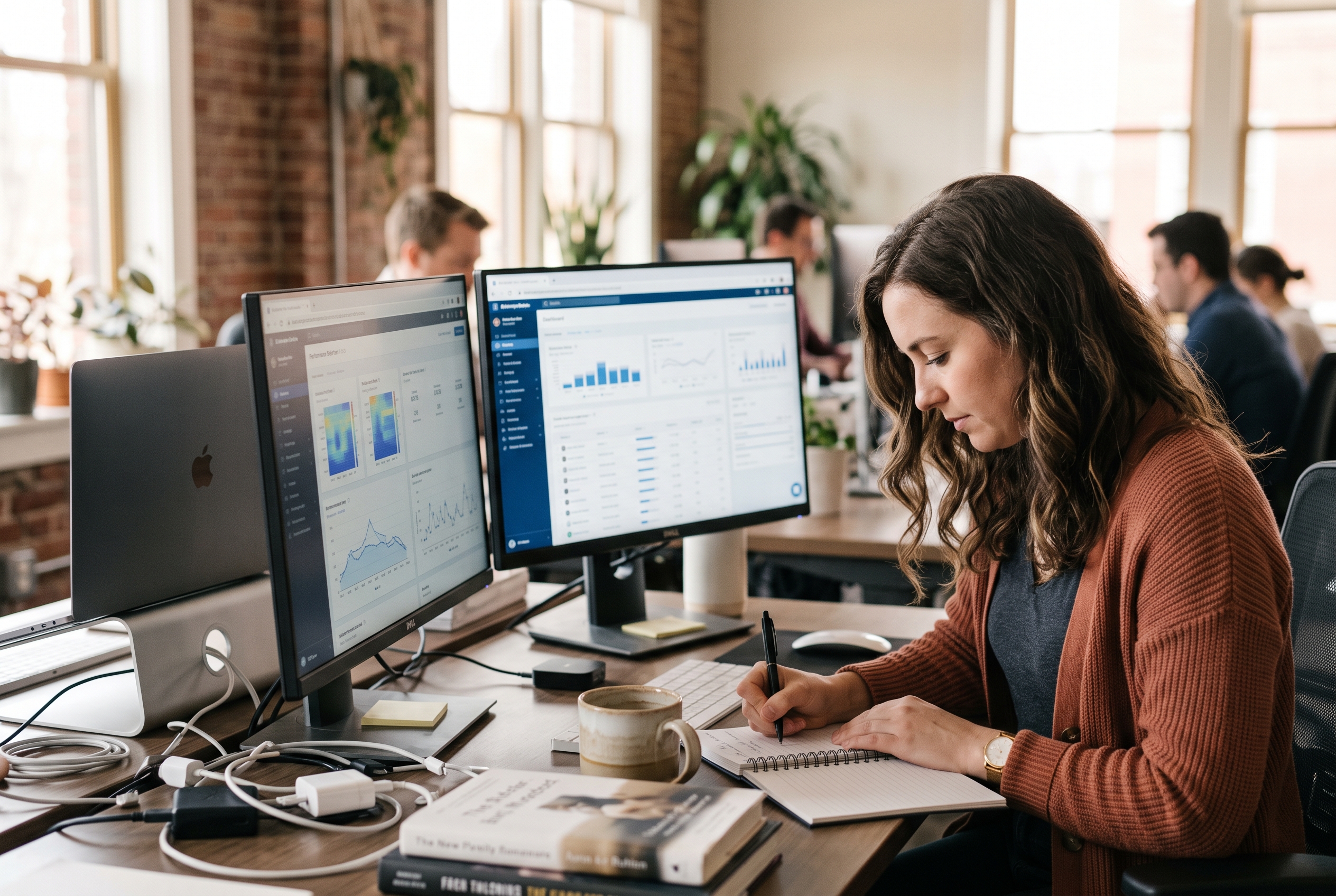 Ecommerce marketer studying ad performance on two monitors while taking notes in a notebook