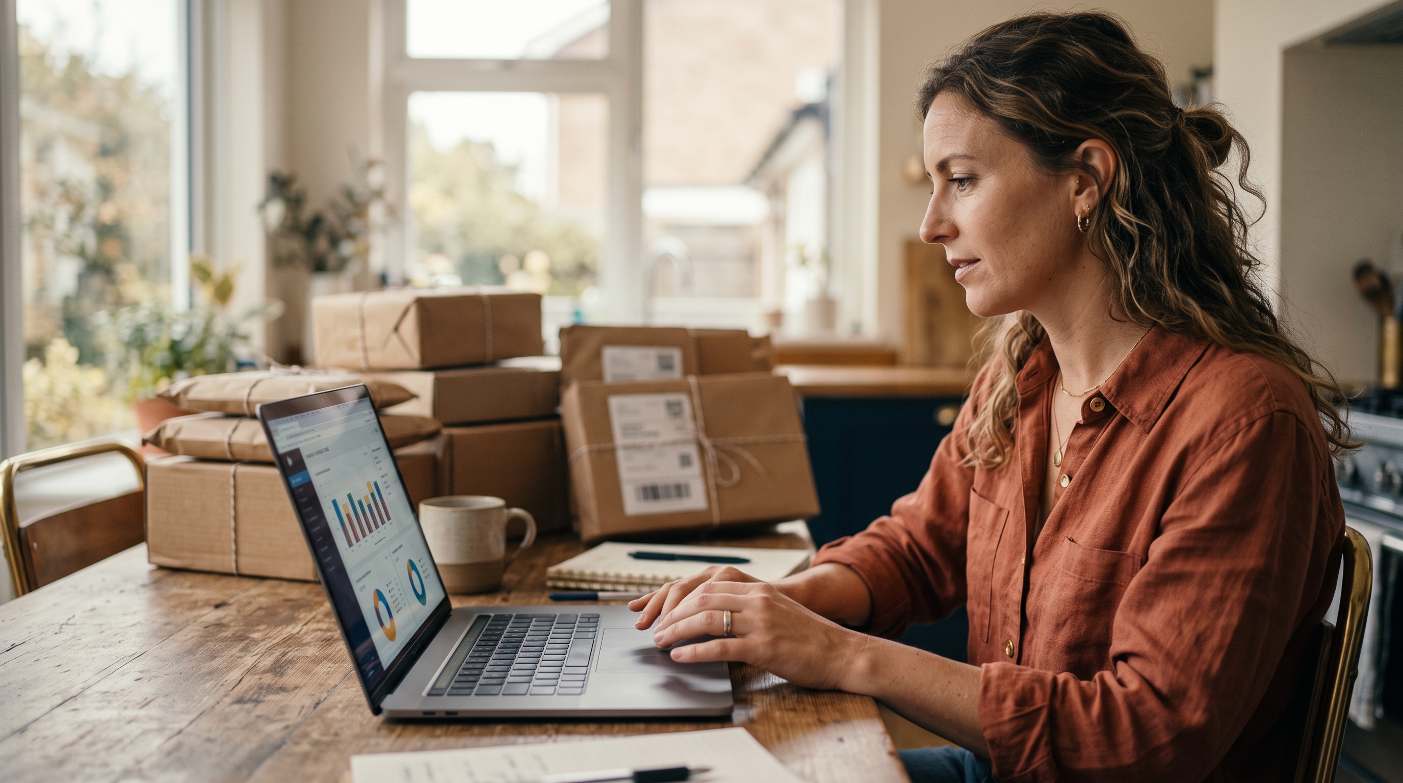 Online store owner comparing sales reports on a laptop at a kitchen table with packaged orders beside her
