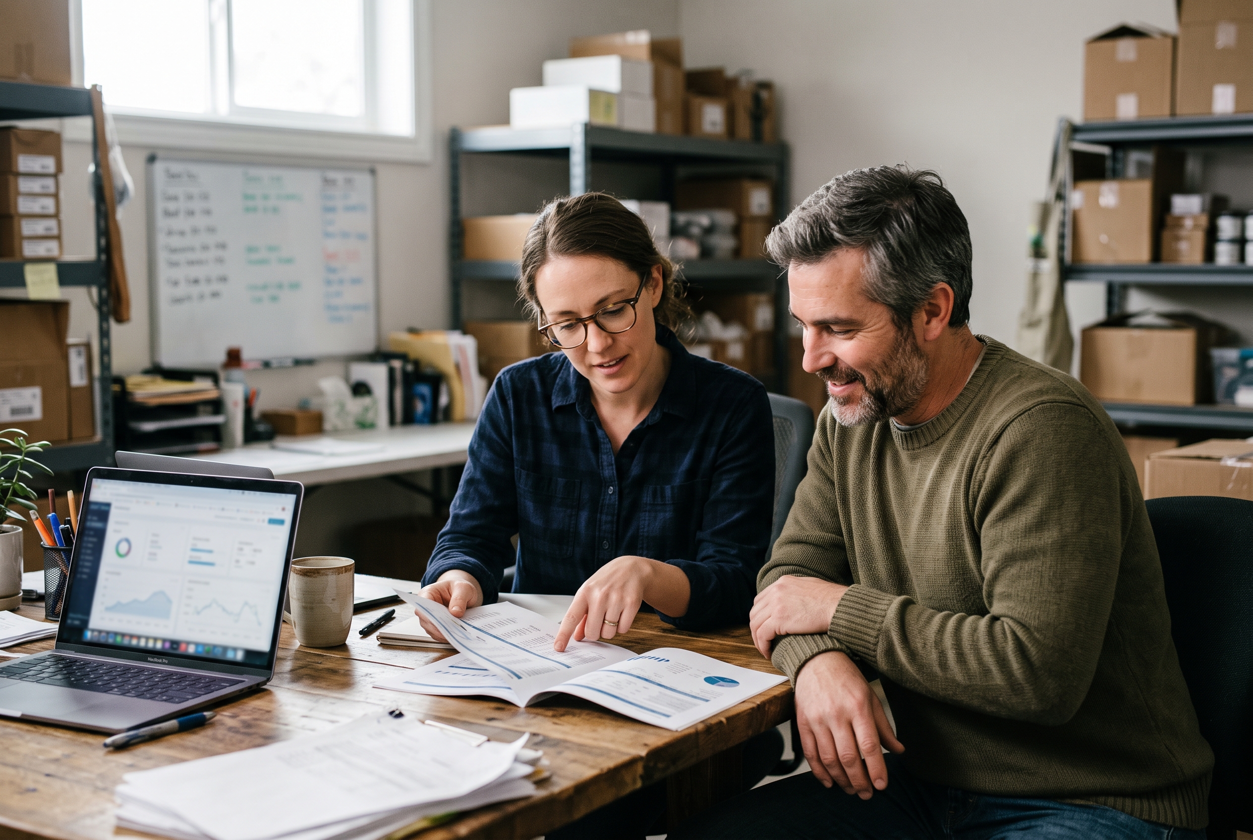 Two store operators reviewing a printed sales report together at a desk in a small warehouse office