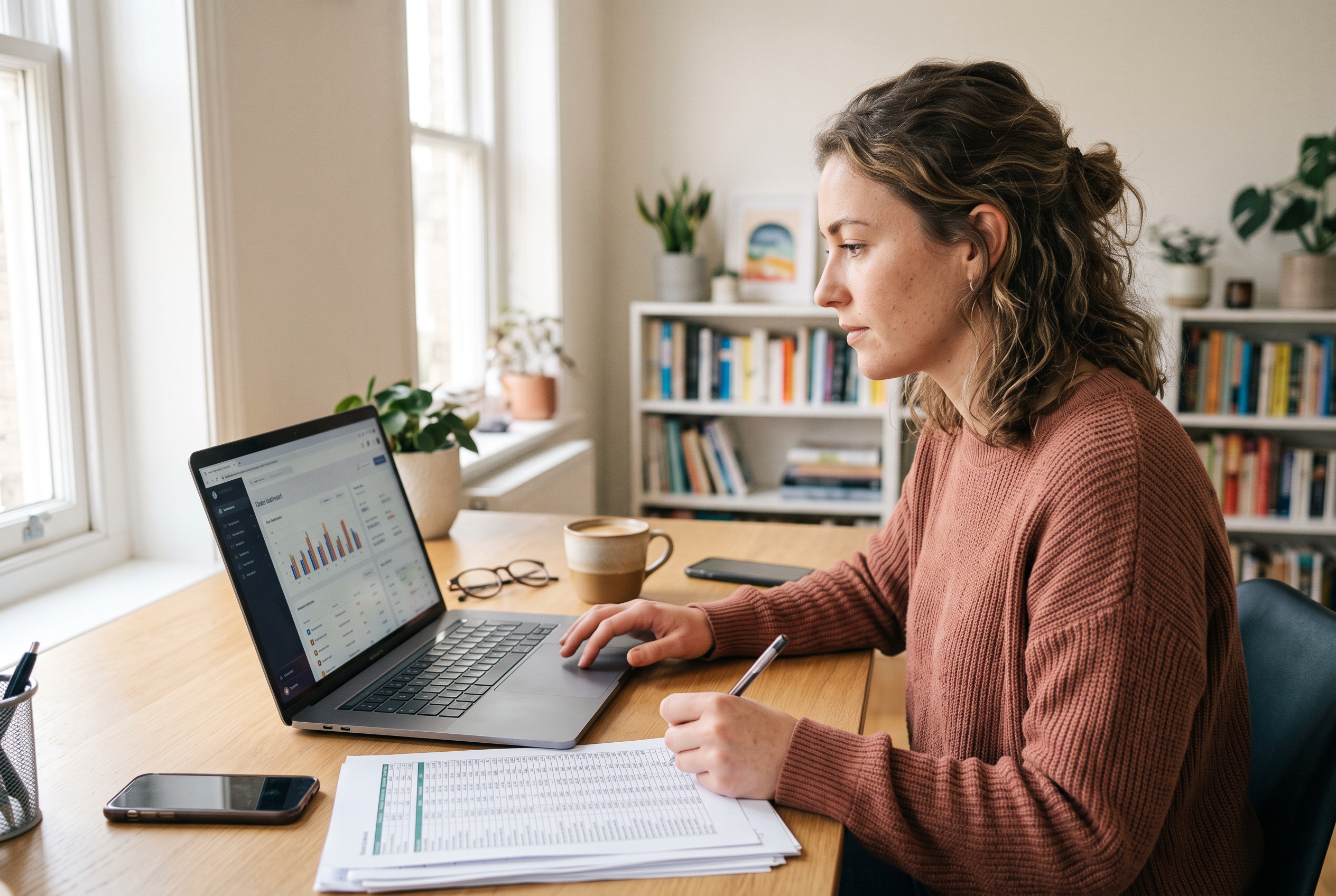 Marketer tagging campaign links in a spreadsheet beside a laptop and a coffee in a bright home office