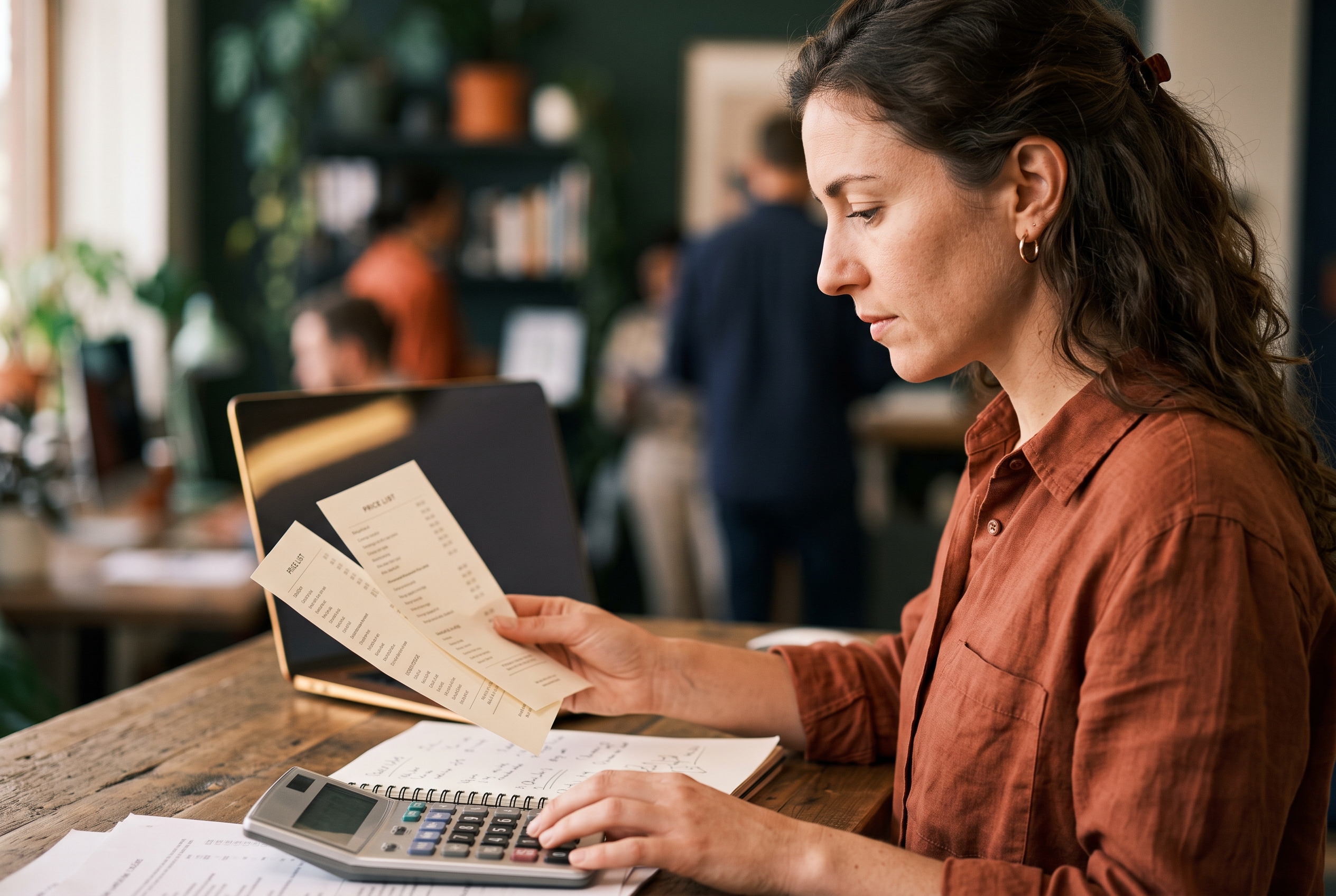 Store owner at a standing desk weighing two printed pricing plans with a calculator and notebook