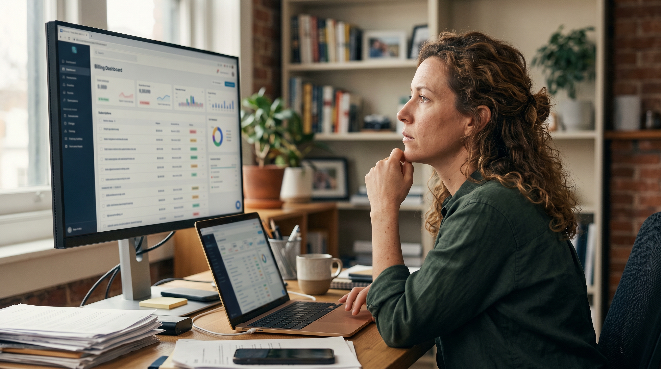 Small business owner staring at a long invoice covered in app subscription line items on a laptop screen