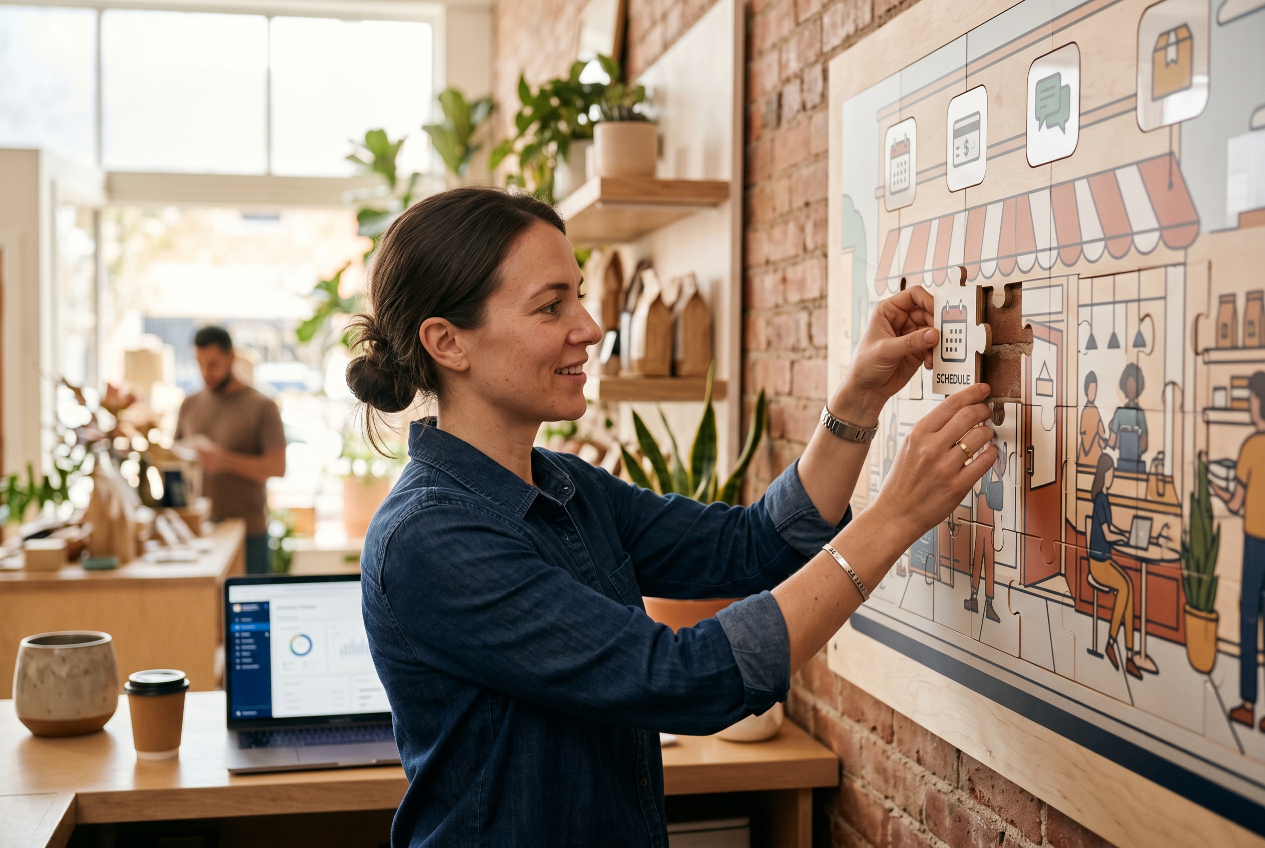 Merchant connecting puzzle pieces labeled with app icons to fill holes in a storefront illustration