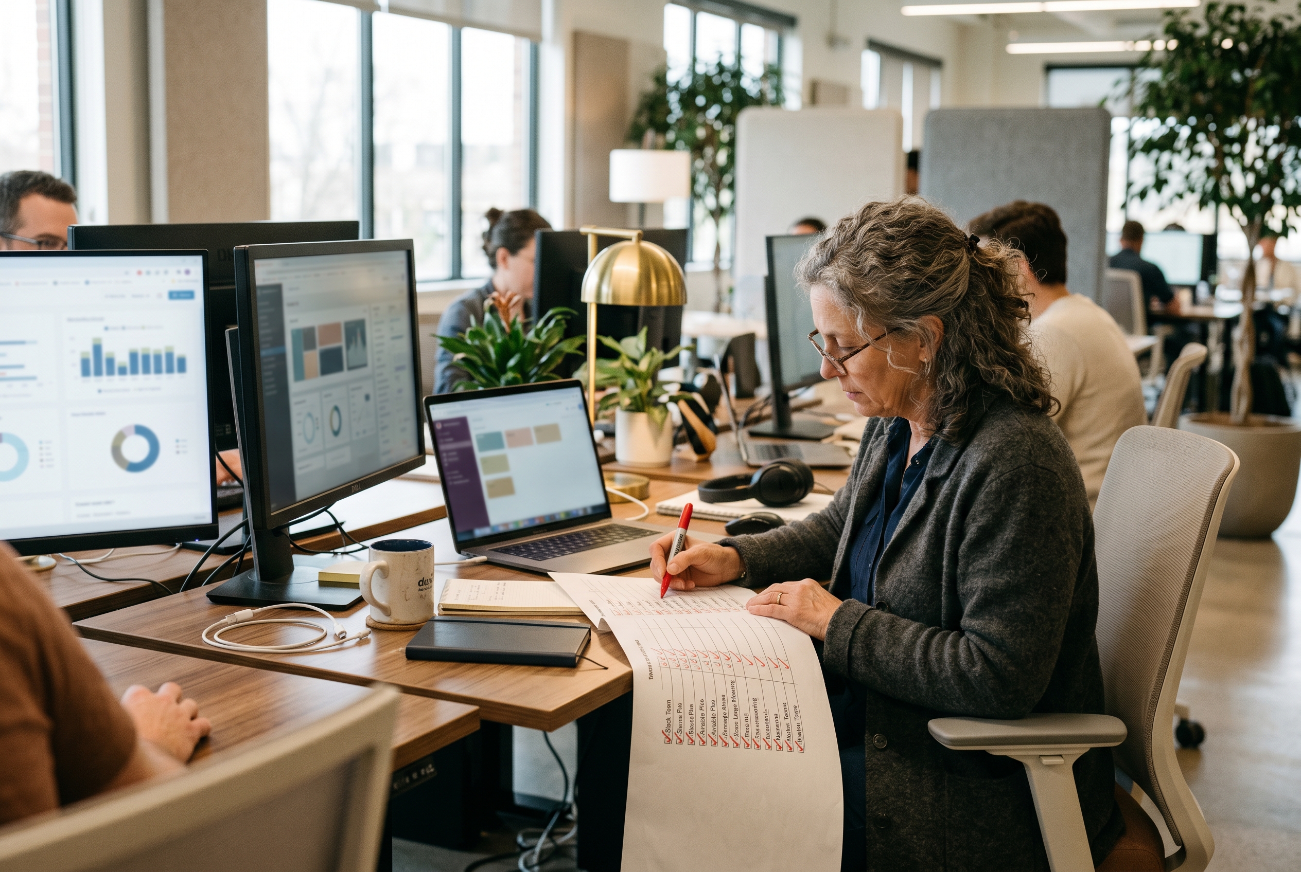 Operator at a desk crossing items off a long checklist of app subscriptions with a red marker