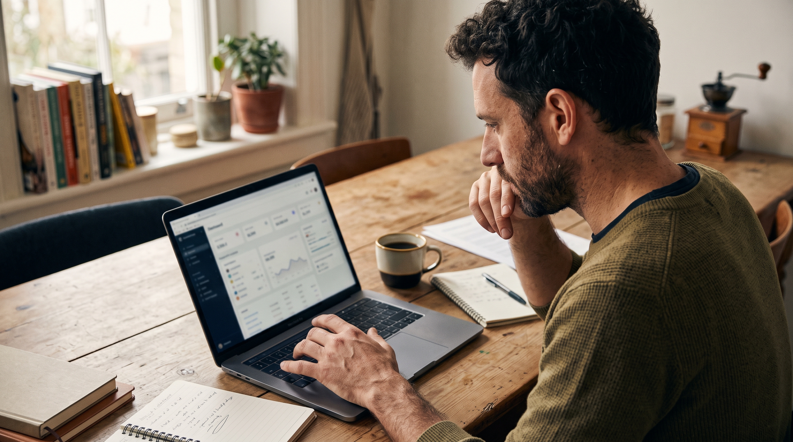 Store owner reviewing a developer quote on a laptop at a kitchen table with coffee and notebooks nearby